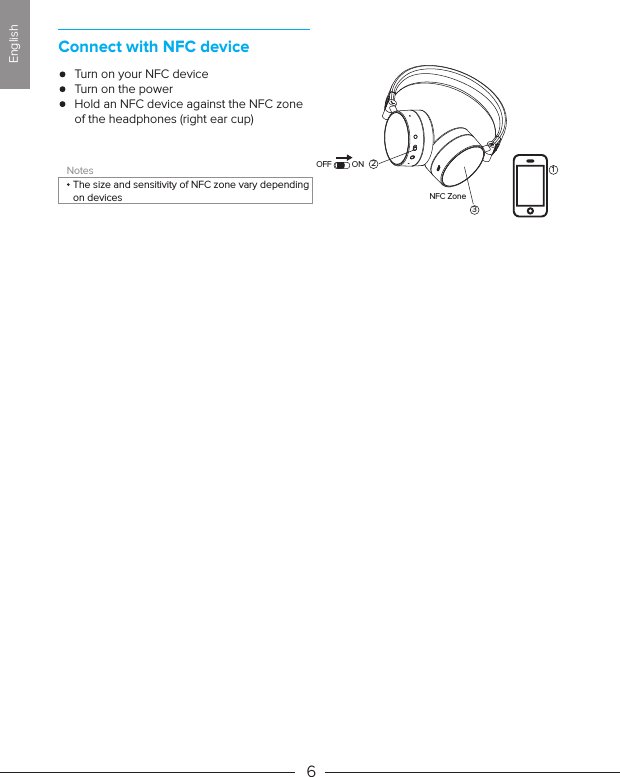 6NotesThe size and sensitivity of NFC zone vary depending on devices Connect with NFC device     Turn on your NFC device     Turn on the power     Hold an NFC device against the NFC zone      of the headphones (right ear cup)2OFF ON31NFC ZoneEnglish