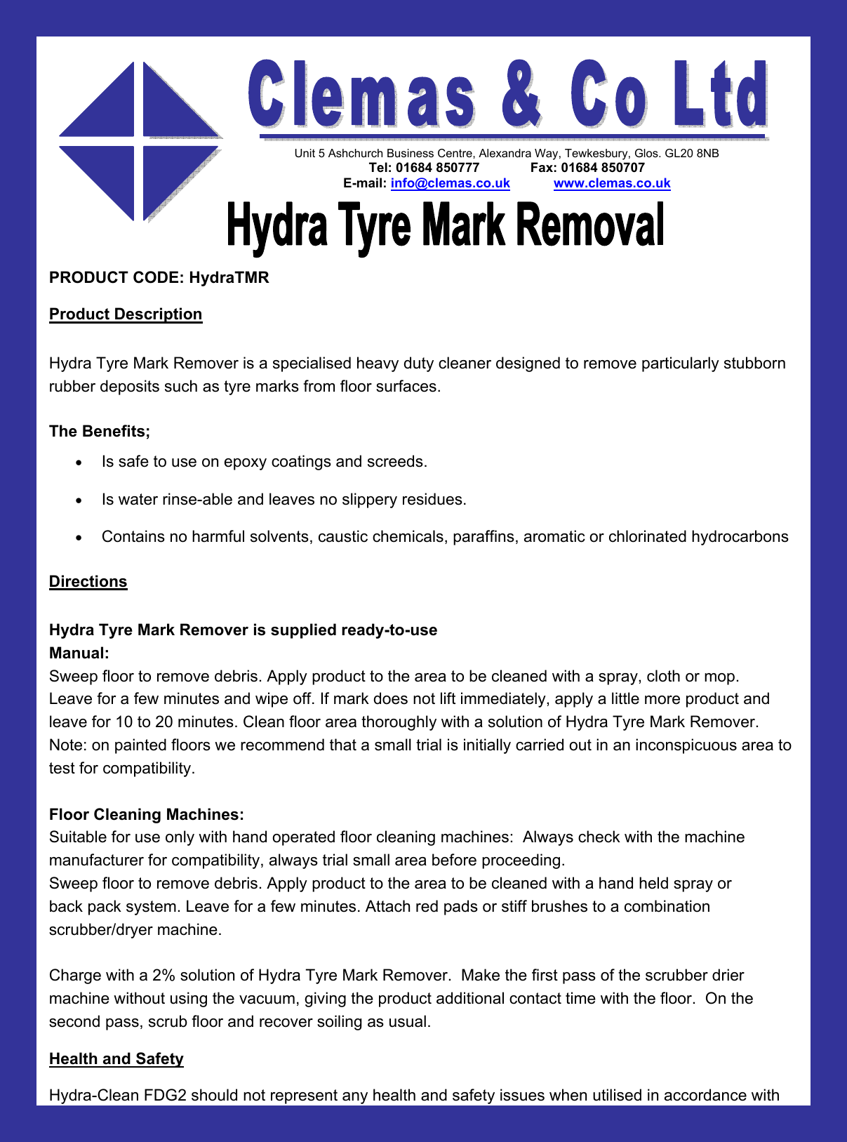 Page 1 of 2 - Clemas - Hydra Tyre Mark Remover Chemical Data Sheet Hydra-Tyre-Mark-Remover-Chemical-Data-Sheet
