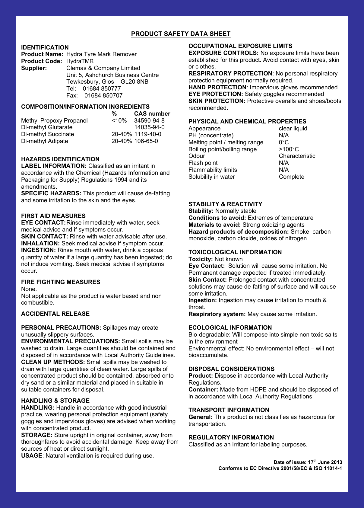 Page 2 of 2 - Clemas - Hydra Tyre Mark Remover Chemical Data Sheet Hydra-Tyre-Mark-Remover-Chemical-Data-Sheet