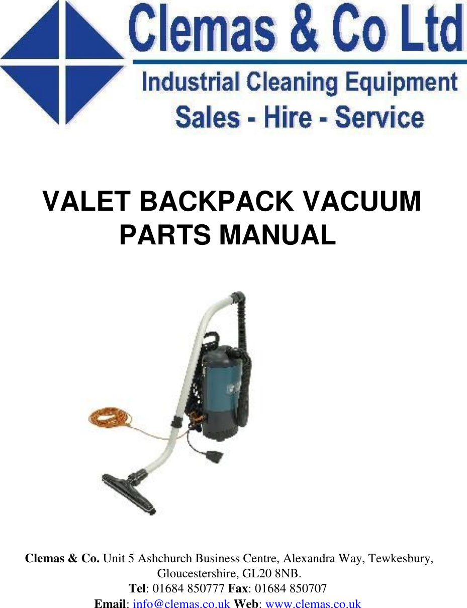 Page 1 of 4 - Clemas VBP TRUVOX SERVICE PARTS LIST SERIES C Valet-Backpack-Parts-Manual