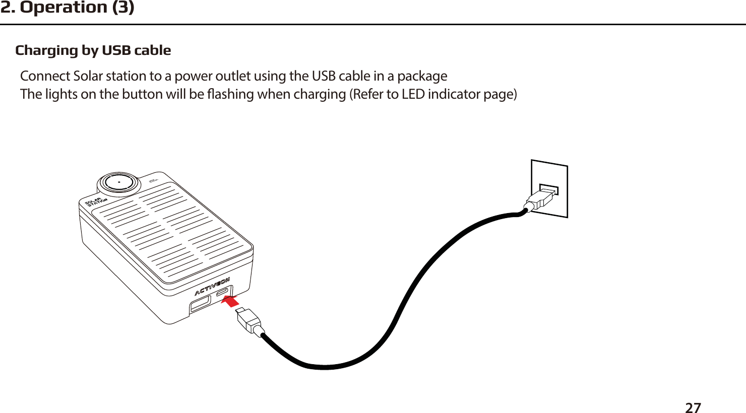Charging by USB cableConnect Solar station to a power outlet using the USB cable in a packageThe lights on the button will be ashing when charging (Refer to LED indicator page)272. Operation (3)