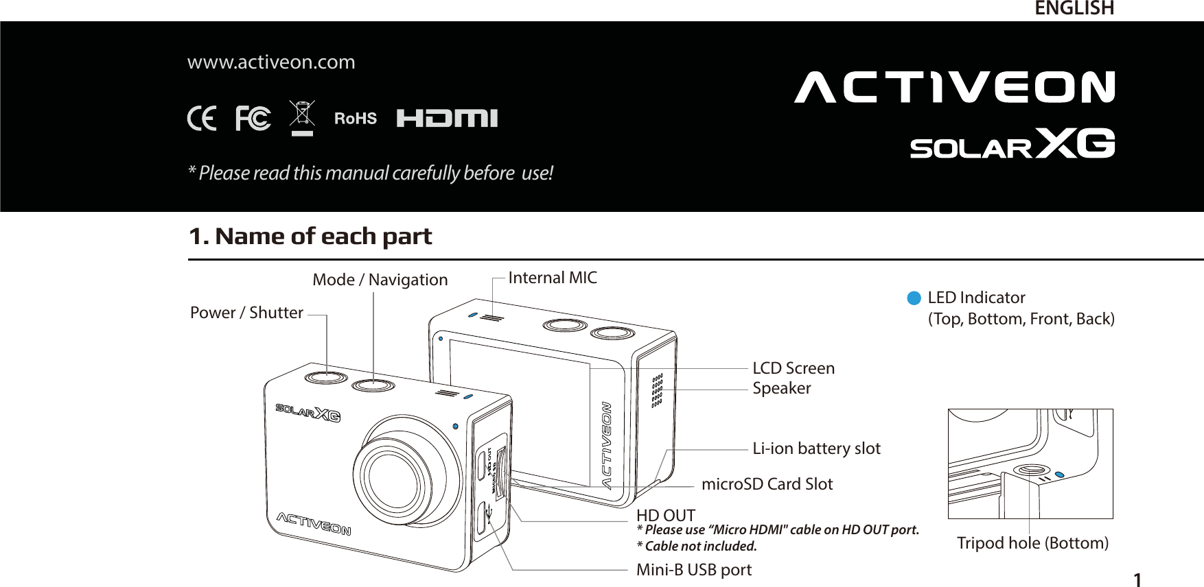 1. Name of each part1ENGLISHLED Indicator(Top, Bottom, Front, Back)Tripod hole (Bottom)Mode / Navigation Internal MICPower / ShutterLCD ScreenLi-ion battery slotHD OUT* Please use &ldquo;Micro HDMI" cable on HD OUT port.* Cable not included.Mini-B USB portmicroSD Card SlotSpeakerwww.activeon.com* Please read this manual carefully before  use! 