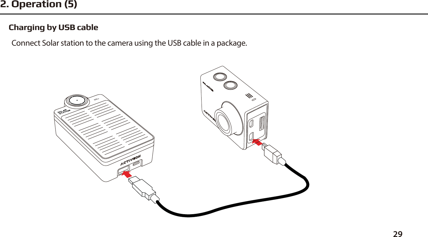 Charging by USB cableConnect Solar station to the camera using the USB cable in a package.292. Operation (5) 