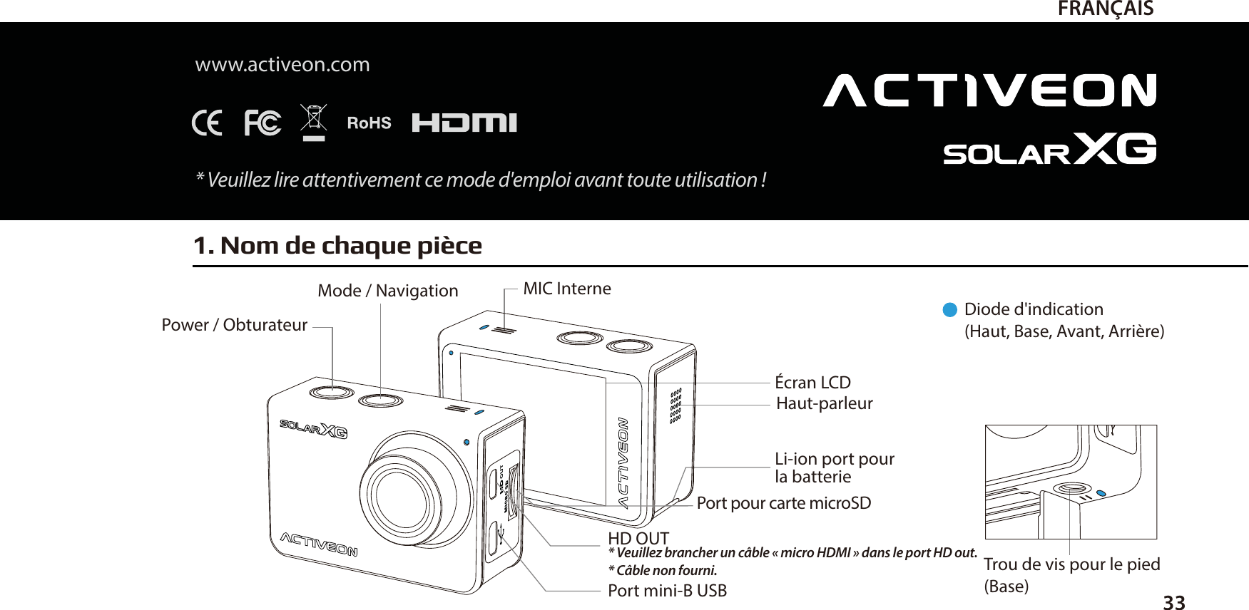 FRAN&Ccedil;AISwww.activeon.com* Veuillez lire attentivement ce mode d'emploi avant toute utilisation!1. Nom de chaque pi&egrave;ce33Diode d'indication(Haut, Base, Avant, Arri&egrave;re)Trou de vis pour le pied (Base)Mode / Navigation MIC InternePower / Obturateur&Eacute;cran LCDLi-ion port pour la batterieHD OUT* Veuillez brancher un c&acirc;ble &laquo;micro HDMI&raquo; dans le port HD out.* C&acirc;ble non fourni.Port mini-B USBPort pour carte microSD Haut-parleur