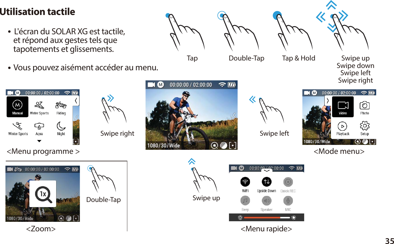 35●  L'&eacute;cran du SOLAR XG est tactile,    et r&eacute;pond aux gestes tels que    tapotements et glissements.Utilisation tactile Tap  Tap &amp; Hold Double-Tap Swipe upSwipe downSwipe leftSwipe right Double-Tap● Vous pouvez ais&eacute;ment acc&eacute;der au menu.Swipe upSwipe leftSwipe right<Menu programme ><Menu rapide><Mode menu><Zoom>