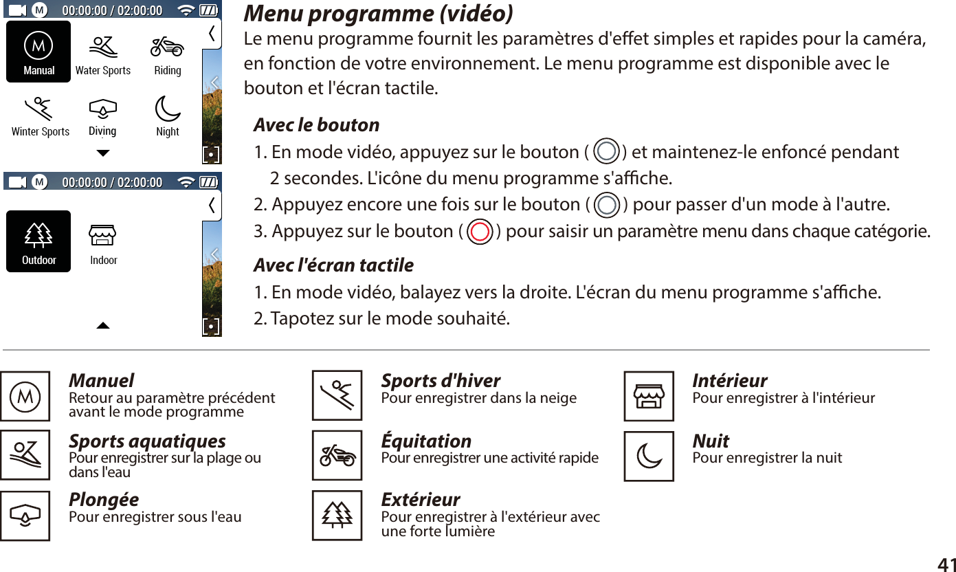 41Menu programme (vid&eacute;o)Le menu programme fournit les param&egrave;tres d'eet simples et rapides pour la cam&eacute;ra, en fonction de votre environnement. Le menu programme est disponible avec lebouton et l'&eacute;cran tactile.Avec l'&eacute;cran tactile 1. En mode vid&eacute;o, balayez vers la droite. L'&eacute;cran du menu programme s'ache.2. Tapotez sur le mode souhait&eacute;.ManuelRetour au param&egrave;tre pr&eacute;c&eacute;dent avant le mode programmeSports aquatiquesPour enregistrer sur la plage ou dans l'eauPlong&eacute;ePour enregistrer sous l'eau  Sports d'hiverPour enregistrer dans la neige&Eacute;quitationPour enregistrer une activit&eacute; rapideExt&eacute;rieur Pour enregistrer &agrave; l'ext&eacute;rieur avec une forte lumi&egrave;re  Int&eacute;rieurPour enregistrer &agrave; l'int&eacute;rieurNuitPour enregistrer la nuit  Avec le bouton 1. En mode vid&eacute;o, appuyez sur le bouton (        ) et maintenez-le enfonc&eacute; pendant     2 secondes. L'ic&ocirc;ne du menu programme s'ache.2. Appuyez encore une fois sur le bouton (        ) pour passer d'un mode &agrave; l'autre.3. Appuyez sur le bouton (        ) pour saisir un param&egrave;tre menu dans chaque cat&eacute;gorie.Diving