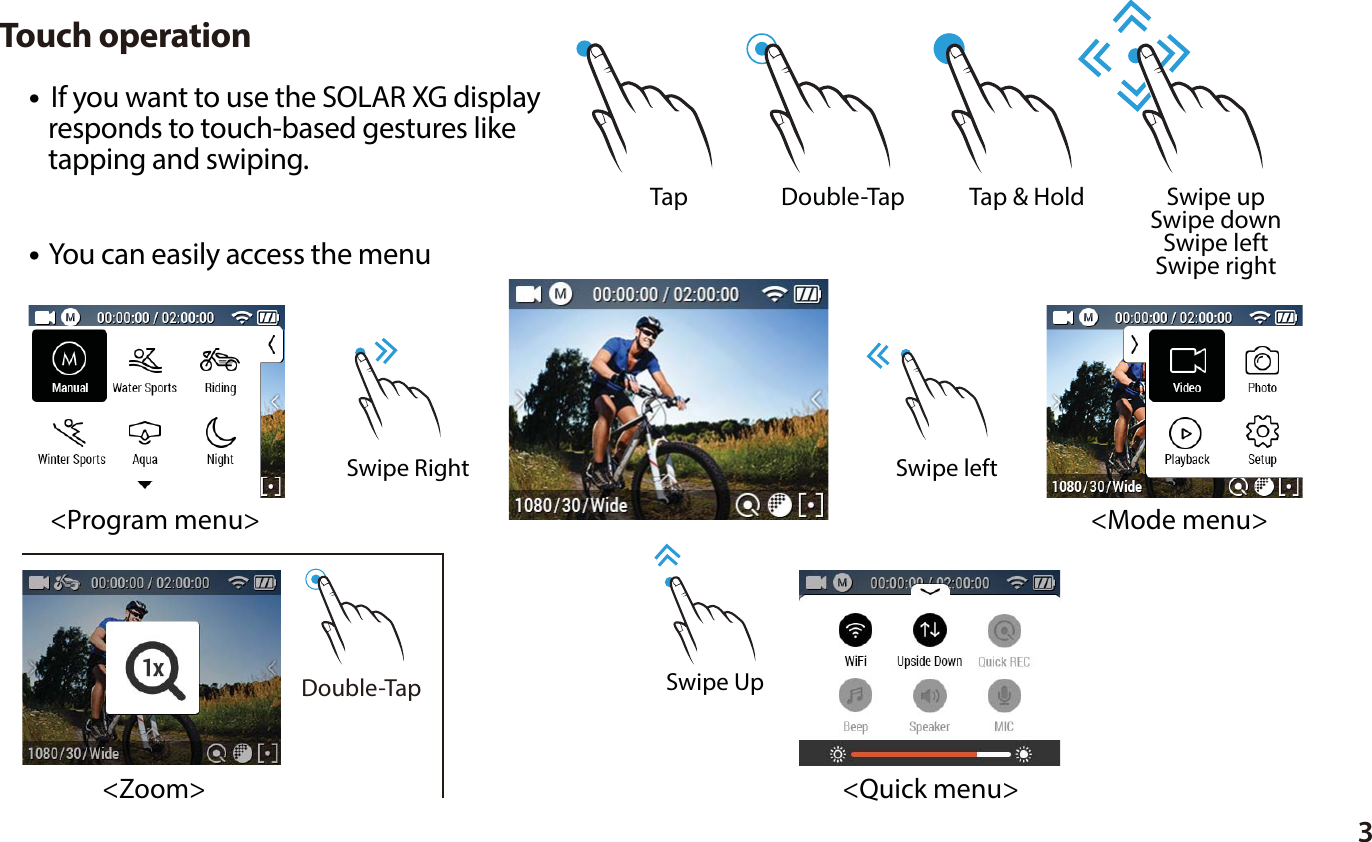3●  If you want to use the SOLAR XG display   responds to touch-based gestures like   tapping and swiping.Touch operation Tap  Tap &amp; Hold Double-Tap Swipe upSwipe downSwipe leftSwipe right Double-Tap● You can easily access the menuSwipe UpSwipe leftSwipe Right<Program menu><Quick menu><Mode menu><Zoom>