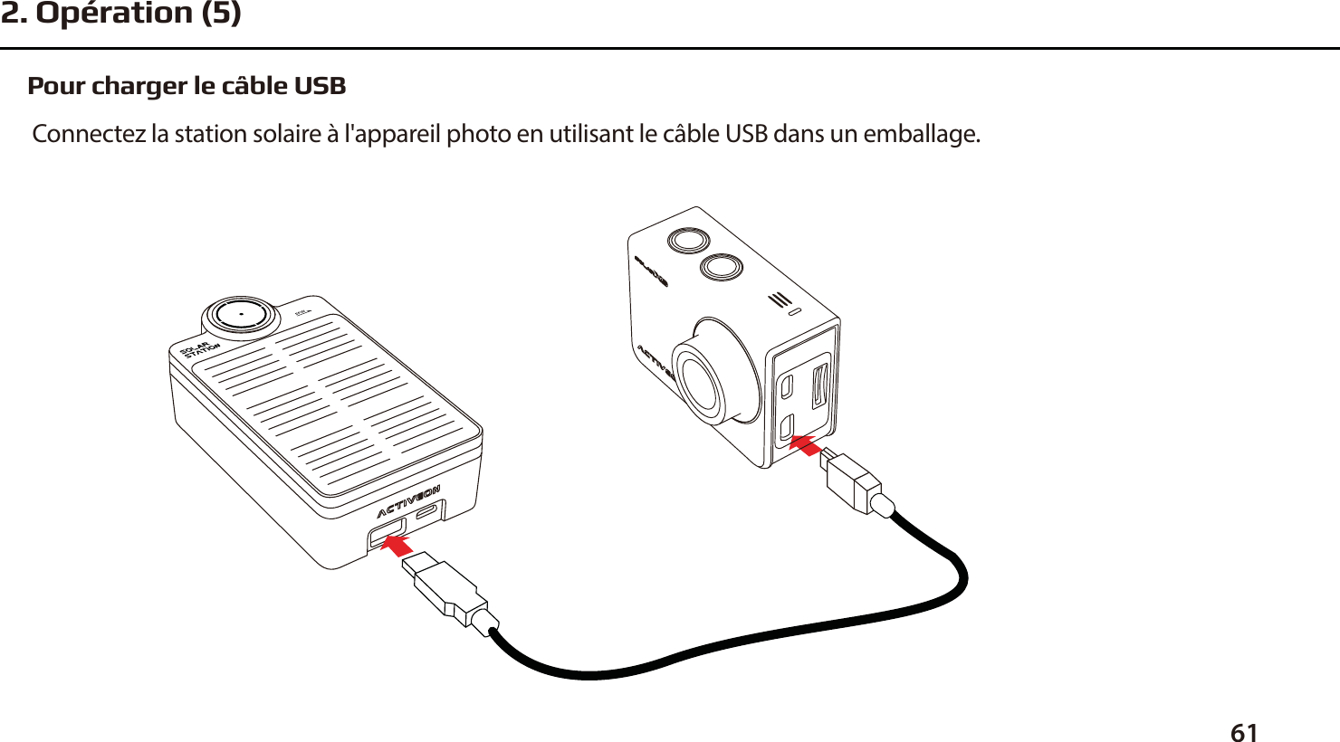 Pour charger le c&acirc;ble USB Connectez la station solaire &agrave; l'appareil photo en utilisant le c&acirc;ble USB dans un emballage.612. Op&eacute;ration (5) 