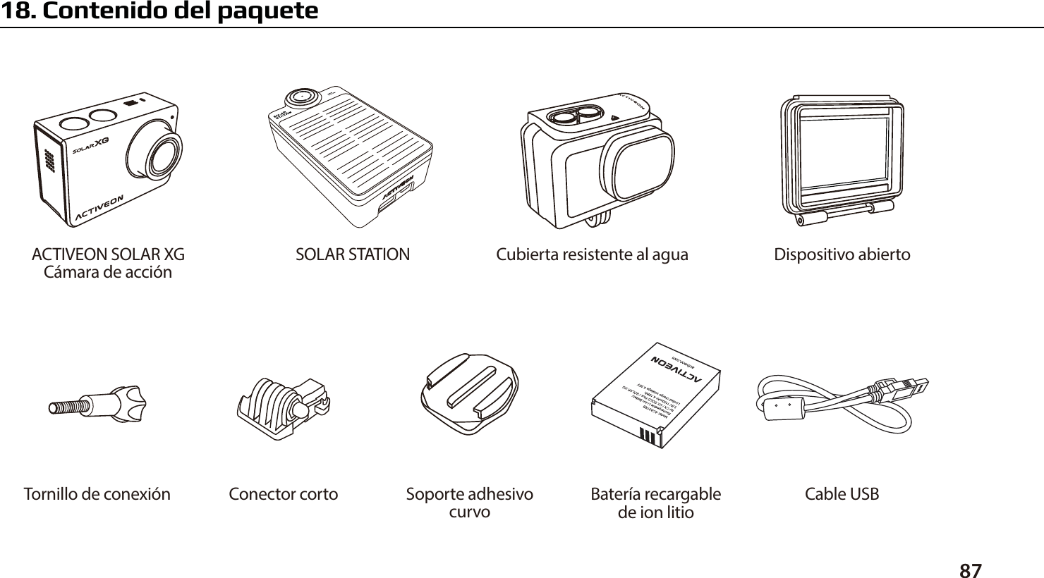 8718. Contenido del paqueteCubierta resistente al aguaSOLAR STATIONACTIVEON SOLAR XGC&aacute;mara de acci&oacute;nSoporte adhesivocurvoConector corto Cable USBBater&iacute;a recargablede ion litioTornillo de conexi&oacute;nDispositivo abierto