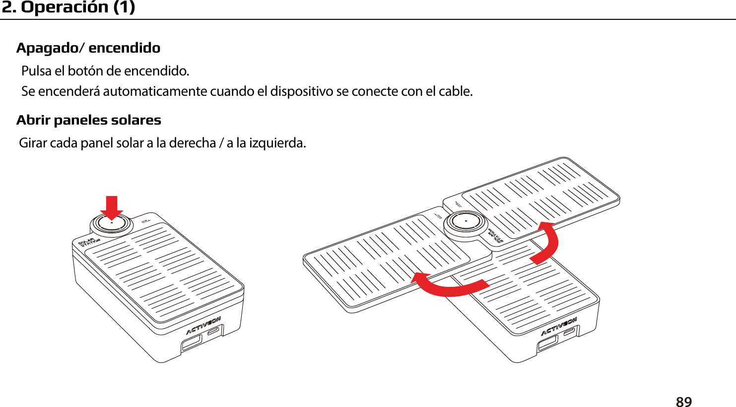 Apagado/ encendidoPulsa el bot&oacute;n de encendido. Se encender&aacute; automaticamente cuando el dispositivo se conecte con el cable.Abrir paneles solaresGirar cada panel solar a la derecha / a la izquierda.892. Operaci&oacute;n (1)