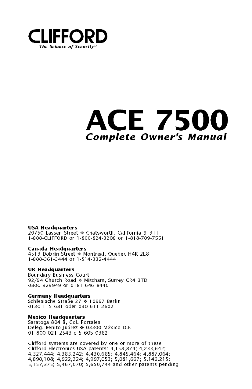 Page 1 of 12 - Clifford Clifford-Ace-7500-Users-Manual- 7  Clifford-ace-7500-users-manual