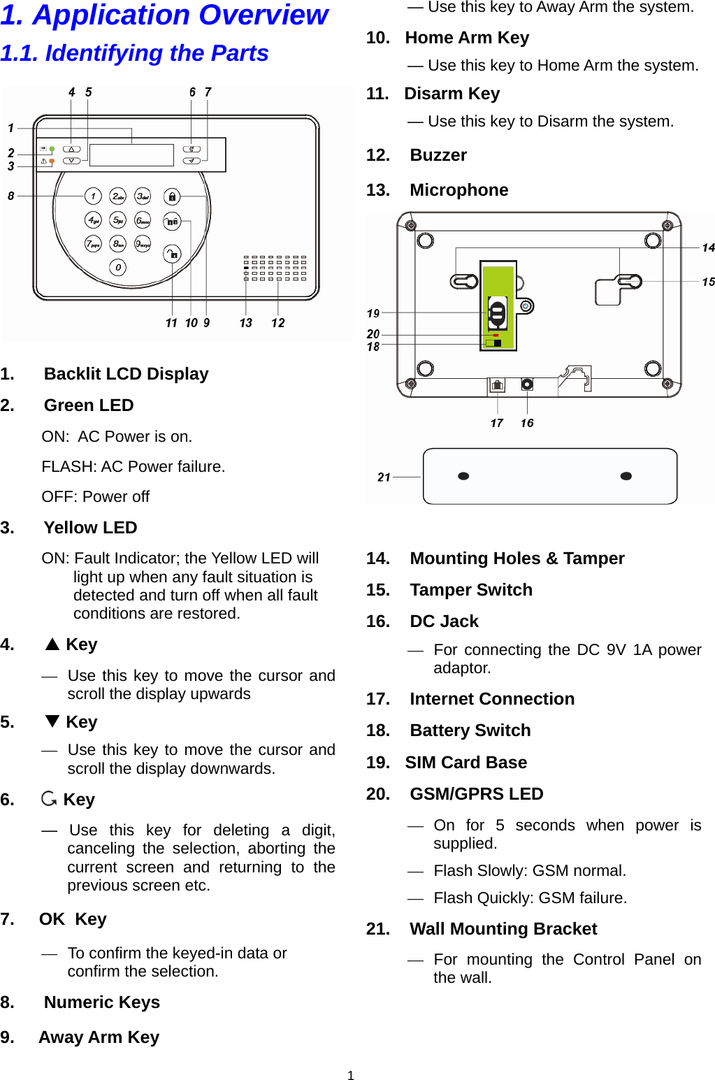                     11. Application Overview  1.1. Identifying the Parts          1.      Backlit LCD Display 2.      Green LED ON:  AC Power is on. FLASH: AC Power failure. OFF: Power off 3.      Yellow LED ON: Fault Indicator; the Yellow LED will light up when any fault situation is detected and turn off when all fault conditions are restored. 4.       Key  —  Use this key to move the cursor and scroll the display upwards 5.       Key   —  Use this key to move the cursor and scroll the display downwards. 6.          Key — Use this key for deleting a digit, canceling the selection, aborting the current screen and returning to the previous screen etc. 7.     OK  Key —  To confirm the keyed-in data or confirm the selection. 8.      Numeric Keys 9.     Away Arm Key — Use this key to Away Arm the system. 10.   Home Arm Key — Use this key to Home Arm the system. 11.   Disarm Key — Use this key to Disarm the system. 12.    Buzzer 13.    Microphone   14.    Mounting Holes &amp; Tamper 15.    Tamper Switch 16.    DC Jack —  For connecting the DC 9V 1A power adaptor. 17.    Internet Connection 18.    Battery Switch 19.   SIM Card Base 20.    GSM/GPRS LED — On for 5 seconds when power is supplied. —  Flash Slowly: GSM normal. —  Flash Quickly: GSM failure. 21.    Wall Mounting Bracket — For mounting the Control Panel on the wall.    