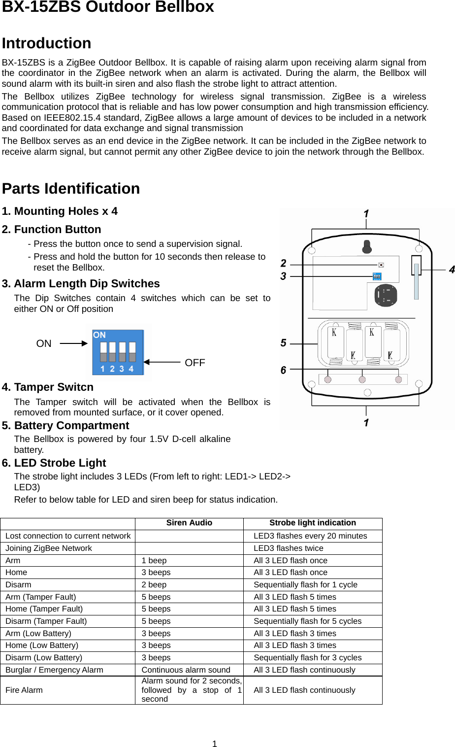  1BX-15ZBS Outdoor Bellbox  Introduction BX-15ZBS is a ZigBee Outdoor Bellbox. It is capable of raising alarm upon receiving alarm signal from the coordinator in the ZigBee network when an alarm is activated. During the alarm, the Bellbox will sound alarm with its built-in siren and also flash the strobe light to attract attention. The Bellbox utilizes ZigBee technology for wireless signal transmission. ZigBee is a wireless communication protocol that is reliable and has low power consumption and high transmission efficiency. Based on IEEE802.15.4 standard, ZigBee allows a large amount of devices to be included in a network and coordinated for data exchange and signal transmission The Bellbox serves as an end device in the ZigBee network. It can be included in the ZigBee network to receive alarm signal, but cannot permit any other ZigBee device to join the network through the Bellbox.    Parts Identification 1. Mounting Holes x 4 2. Function Button - Press the button once to send a supervision signal. - Press and hold the button for 10 seconds then release to reset the Bellbox. 3. Alarm Length Dip Switches   The Dip Switches contain 4 switches which can be set to either ON or Off position         4. Tamper Switch   The Tamper switch will be activated when the Bellbox is removed from mounted surface, or it cover opened. 5. Battery Compartment The Bellbox is powered by four 1.5V D-cell alkaline battery. 6. LED Strobe Light The strobe light includes 3 LEDs (From left to right: LED1-&gt; LED2-&gt; LED3) Refer to below table for LED and siren beep for status indication.   SSiirreenn  AAuuddiioo  SSttrroobbee  lliigghhtt  iinnddiiccaattiioonn  Lost connection to current network    LED3 flashes every 20 minutes Joining ZigBee Network    LED3 flashes twice Arm 1 beep    All 3 LED flash once Home    3 beeps  All 3 LED flash once Disarm 2 beep    Sequentially flash for 1 cycle Arm (Tamper Fault)    5 beeps  All 3 LED flash 5 times   Home (Tamper Fault)    5 beeps    All 3 LED flash 5 times Disarm (Tamper Fault)    5 beeps  Sequentially flash for 5 cycles Arm (Low Battery)  3 beeps  All 3 LED flash 3 times Home (Low Battery)  3 beeps  All 3 LED flash 3 times Disarm (Low Battery)  3 beeps  Sequentially flash for 3 cycles Burglar / Emergency Alarm    Continuous alarm sound  All 3 LED flash continuously Fire Alarm    Alarm sound for 2 seconds, followed by a stop of 1 second   All 3 LED flash continuously ON OFF 