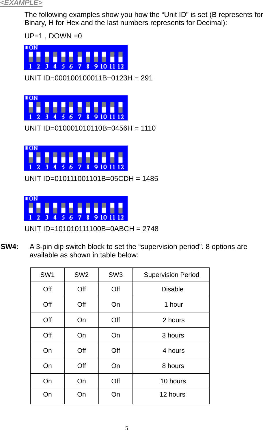  5&lt;&lt;EEXXAAMMPPLLEE&gt;&gt;  The following examples show you how the “Unit ID” is set (B represents for Binary, H for Hex and the last numbers represents for Decimal): UP=1 , DOWN =0  UNIT ID=000100100011B=0123H = 291  UNIT ID=010001010110B=0456H = 1110  UNIT ID=010111001101B=05CDH = 1485  UNIT ID=101010111100B=0ABCH = 2748 SW4:  A 3-pin dip switch block to set the “supervision period”. 8 options are available as shown in table below:  SW1 SW2 SW3  Supervision Period Off Off Off  Disable Off Off On  1 hour Off On Off  2 hours Off On On  3 hours On Off Off  4 hours On Off On  8 hours On On Off  10 hours On On On  12 hours   