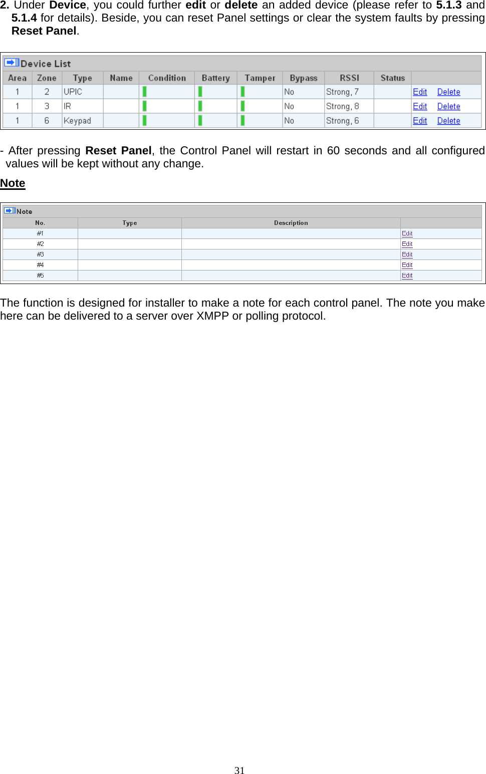  312. Under Device, you could further edit or delete an added device (please refer to 5.1.3 and 5.1.4 for details). Beside, you can reset Panel settings or clear the system faults by pressing Reset Panel.    - After pressing Reset Panel, the Control Panel will restart in 60 seconds and all configured values will be kept without any change.     Note  The function is designed for installer to make a note for each control panel. The note you make here can be delivered to a server over XMPP or polling protocol.                        