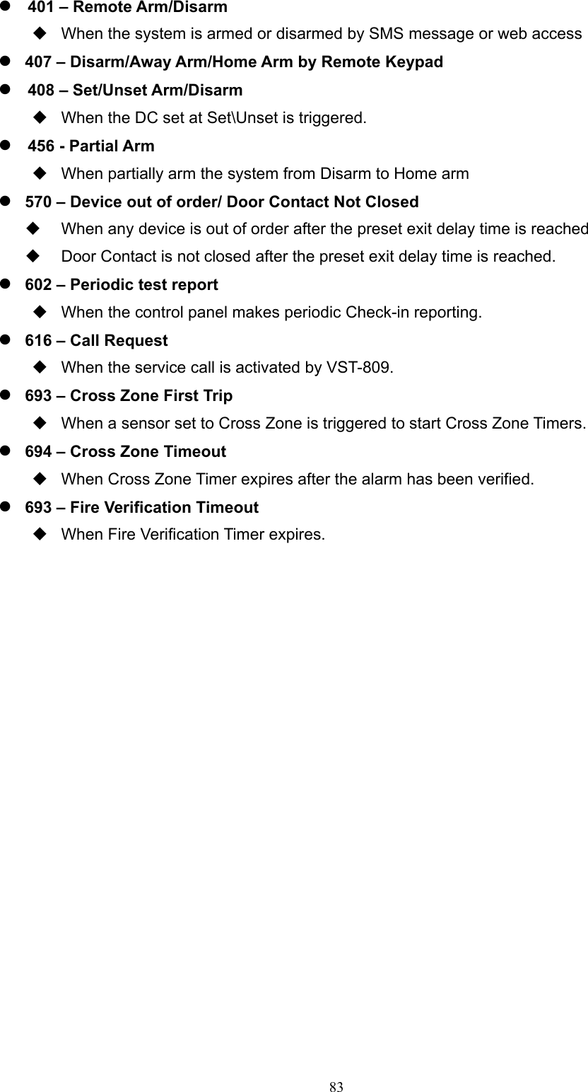  83 401 – Remote Arm/Disarm     When the system is armed or disarmed by SMS message or web access  407 – Disarm/Away Arm/Home Arm by Remote Keypad  408 – Set/Unset Arm/Disarm     When the DC set at Set\Unset is triggered.  456 - Partial Arm   When partially arm the system from Disarm to Home arm    570 – Device out of order/ Door Contact Not Closed     When any device is out of order after the preset exit delay time is reached   Door Contact is not closed after the preset exit delay time is reached.        602 – Periodic test report   When the control panel makes periodic Check-in reporting.  616 – Call Request       When the service call is activated by VST-809.  693 – Cross Zone First Trip       When a sensor set to Cross Zone is triggered to start Cross Zone Timers.  694 – Cross Zone Timeout       When Cross Zone Timer expires after the alarm has been verified.  693 – Fire Verification Timeout       When Fire Verification Timer expires.                    