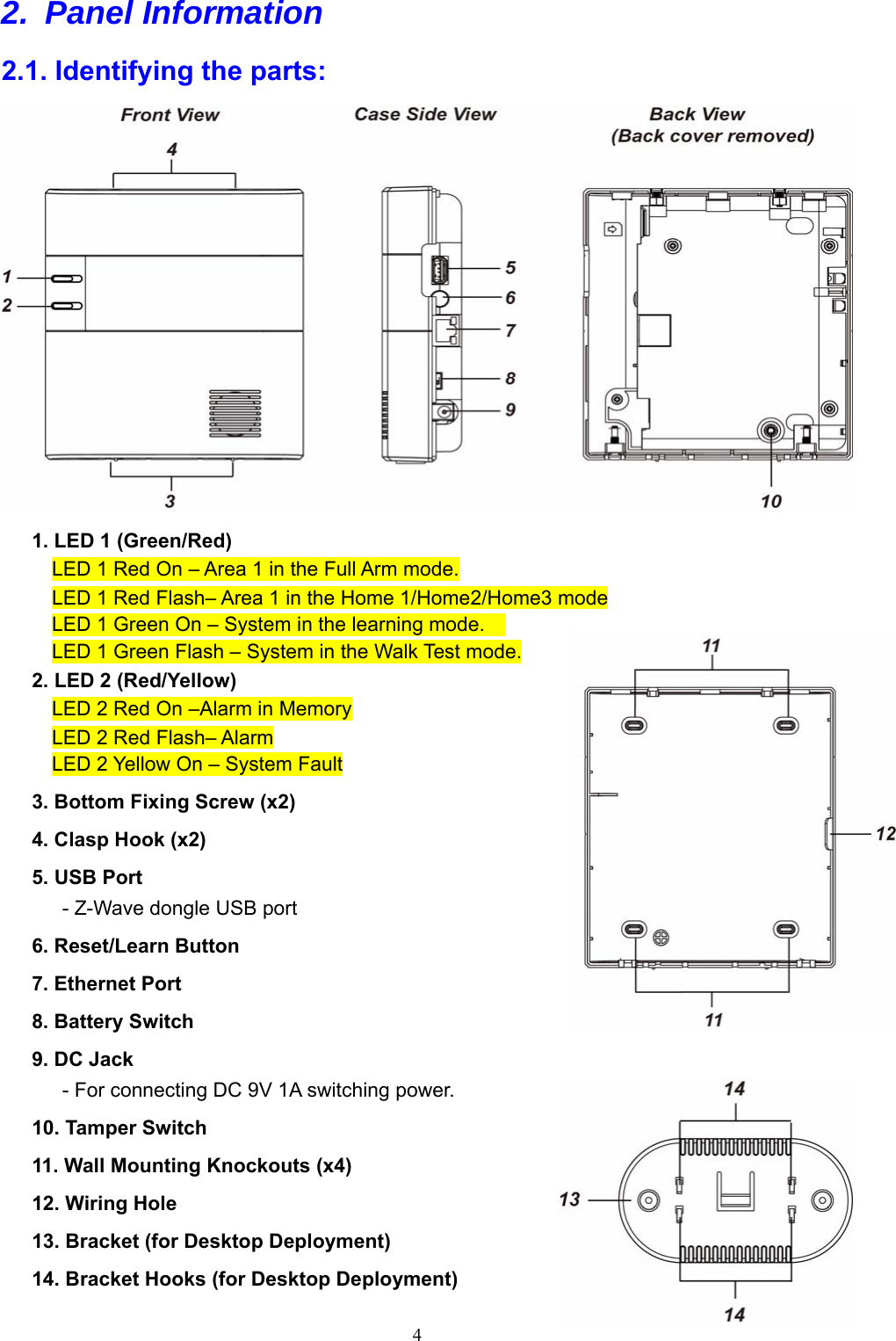  4 2. Panel Information  2.1. Identifying the parts:  1. LED 1 (Green/Red)     LED 1 Red On – Area 1 in the Full Arm mode. LED 1 Red Flash– Area 1 in the Home 1/Home2/Home3 mode LED 1 Green On – System in the learning mode.     LED 1 Green Flash – System in the Walk Test mode.       2. LED 2 (Red/Yellow) LED 2 Red On –Alarm in Memory LED 2 Red Flash– Alarm LED 2 Yellow On – System Fault     3. Bottom Fixing Screw (x2) 4. Clasp Hook (x2) 5. USB Port      - Z-Wave dongle USB port   6. Reset/Learn Button     7. Ethernet Port   8. Battery Switch 9. DC Jack       - For connecting DC 9V 1A switching power.     10. Tamper Switch 11. Wall Mounting Knockouts (x4) 12. Wiring Hole     13. Bracket (for Desktop Deployment) 14. Bracket Hooks (for Desktop Deployment) 