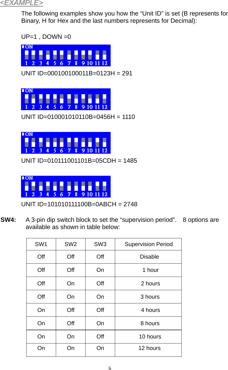  6&lt;&lt;EEXXAAMMPPLLEE&gt;&gt;  The following examples show you how the “Unit ID” is set (B represents for Binary, H for Hex and the last numbers represents for Decimal):  UP=1 , DOWN =0  UNIT ID=000100100011B=0123H = 291  UNIT ID=010001010110B=0456H = 1110  UNIT ID=010111001101B=05CDH = 1485  UNIT ID=101010111100B=0ABCH = 2748 SW4:  A 3-pin dip switch block to set the “supervision period”.    8 options are available as shown in table below:  SW1 SW2 SW3  Supervision Period Off Off Off  Disable Off Off On  1 hour Off On Off  2 hours Off On On  3 hours On Off Off  4 hours On Off On  8 hours On On Off  10 hours On On On  12 hours 