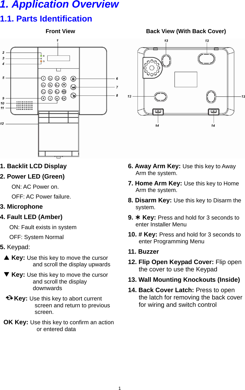  1 1. Application Overview  1.1. Parts Identification                           Front View                                            Back View (With Back Cover)  1. Backlit LCD Display 2. Power LED (Green) ON: AC Power on. OFF: AC Power failure. 3. Microphone 4. Fault LED (Amber) ON: Fault exists in system OFF: System Normal 5. Keypad:     Key: Use this key to move the cursor and scroll the display upwards    Key: Use this key to move the cursor and scroll the display downwards         Key: Use this key to abort current screen and return to previous screen.   OK Key: Use this key to confirm an action or entered data     6. Away Arm Key: Use this key to Away Arm the system. 7. Home Arm Key: Use this key to Home Arm the system.  8. Disarm Key: Use this key to Disarm the system. 9.  Key: Press and hold for 3 seconds to enter Installer Menu 10. # Key: Press and hold for 3 seconds to enter Programming Menu 11. Buzzer 12. Flip Open Keypad Cover: Flip open the cover to use the Keypad 13. Wall Mounting Knockouts (Inside) 14. Back Cover Latch: Press to open the latch for removing the back cover for wiring and switch control      