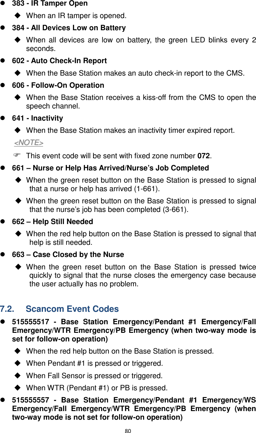 80   383 - IR Tamper Open   When an IR tamper is opened.  384 - All Devices Low on Battery   When  all  devices  are  low  on  battery,  the  green  LED  blinks  every  2 seconds.  602 - Auto Check-In Report   When the Base Station makes an auto check-in report to the CMS.  606 - Follow-On Operation   When the Base Station receives a kiss-off from the CMS to open the speech channel.      641 - Inactivity   When the Base Station makes an inactivity timer expired report. &lt;&lt;NNOOTTEE&gt;&gt;   This event code will be sent with fixed zone number 072.  661 – Nurse or Help Has Arrived/Nurse’s Job Completed   When the green reset button on the Base Station is pressed to signal that a nurse or help has arrived (1-661).       When the green reset button on the Base Station is pressed to signal that the nurse’s job has been completed (3-661).  662 – Help Still Needed   When the red help button on the Base Station is pressed to signal that help is still needed.  663 – Case Closed by the Nurse   When  the  green  reset  button  on  the  Base  Station  is  pressed  twice quickly to signal that the nurse closes the emergency case because the user actually has no problem.  7.2.  Scancom Event Codes  515555517  -  Base  Station  Emergency/Pendant  #1  Emergency/Fall Emergency/WTR Emergency/PB Emergency (when two-way mode is set for follow-on operation)   When the red help button on the Base Station is pressed.   When Pendant #1 is pressed or triggered.   When Fall Sensor is pressed or triggered.     When WTR (Pendant #1) or PB is pressed.  515555557  -  Base  Station  Emergency/Pendant  #1  Emergency/WS Emergency/Fall  Emergency/WTR  Emergency/PB  Emergency  (when two-way mode is not set for follow-on operation) 
