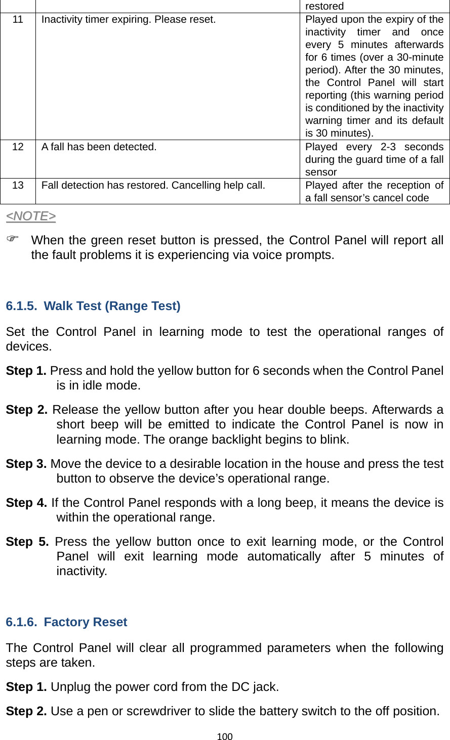 100 restored 11  Inactivity timer expiring. Please reset.    Played upon the expiry of the inactivity timer and once every 5 minutes afterwards for 6 times (over a 30-minute period). After the 30 minutes, the Control Panel will start reporting (this warning period is conditioned by the inactivity warning timer and its default is 30 minutes). 12  A fall has been detected.  Played  every  2-3  seconds during the guard time of a fall sensor 13  Fall detection has restored. Cancelling help call.   Played after the reception of a fall sensor’s cancel code &lt;&lt;NNOOTTEE&gt;&gt;  ) When the green reset button is pressed, the Control Panel will report all the fault problems it is experiencing via voice prompts.    6.1.5.  Walk Test (Range Test) Set the Control Panel in learning mode to test the operational ranges of devices.  Step 1. Press and hold the yellow button for 6 seconds when the Control Panel is in idle mode.   Step 2. Release the yellow button after you hear double beeps. Afterwards a short beep will be emitted to indicate the Control Panel is now in learning mode. The orange backlight begins to blink. Step 3. Move the device to a desirable location in the house and press the test button to observe the device’s operational range. Step 4. If the Control Panel responds with a long beep, it means the device is within the operational range. Step 5. Press the yellow button once to exit learning mode, or the Control Panel will exit learning mode automatically after 5 minutes of inactivity.     6.1.6. Factory Reset The Control Panel will clear all programmed parameters when the following steps are taken. Step 1. Unplug the power cord from the DC jack.   Step 2. Use a pen or screwdriver to slide the battery switch to the off position. 