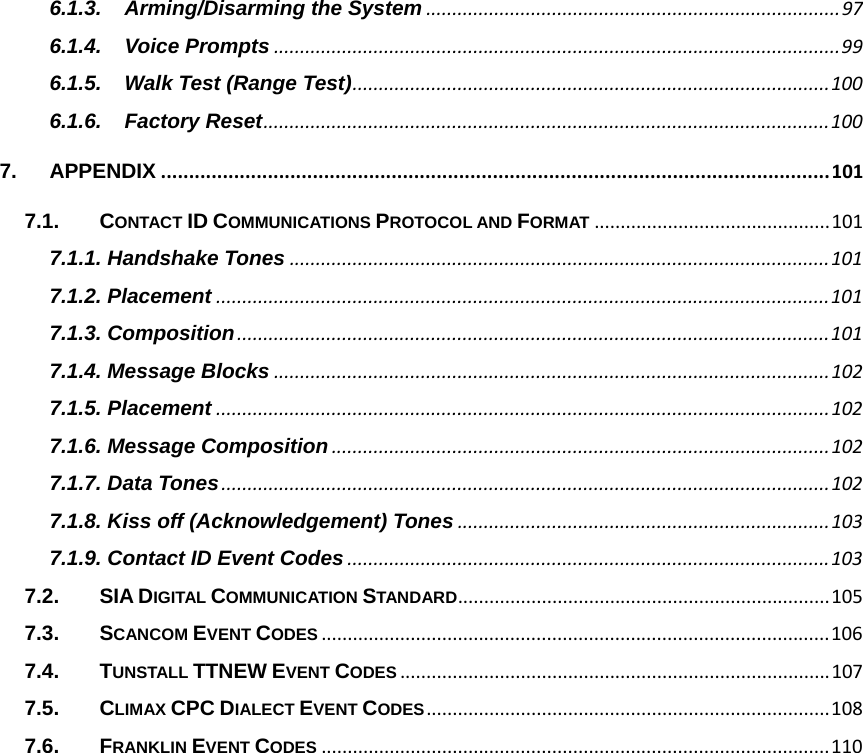 6.1.3.Arming/Disarming the System ...............................................................................976.1.4.Voice Prompts ............................................................................................................996.1.5.Walk Test (Range Test)...........................................................................................1006.1.6.Factory Reset............................................................................................................1007.APPENDIX .......................................................................................................................1017.1.CONTACT ID COMMUNICATIONS PROTOCOL AND FORMAT .............................................1017.1.1. Handshake Tones .......................................................................................................1017.1.2. Placement .....................................................................................................................1017.1.3. Composition.................................................................................................................1017.1.4. Message Blocks ..........................................................................................................1027.1.5. Placement .....................................................................................................................1027.1.6. Message Composition...............................................................................................1027.1.7. Data Tones....................................................................................................................1027.1.8. Kiss off (Acknowledgement) Tones .......................................................................1037.1.9. Contact ID Event Codes ............................................................................................1037.2.SIA DIGITAL COMMUNICATION STANDARD.......................................................................1057.3.SCANCOM EVENT CODES .................................................................................................1067.4.TUNSTALL TTNEW EVENT CODES ..................................................................................1077.5.CLIMAX CPC DIALECT EVENT CODES.............................................................................1087.6.FRANKLIN EVENT CODES .................................................................................................110