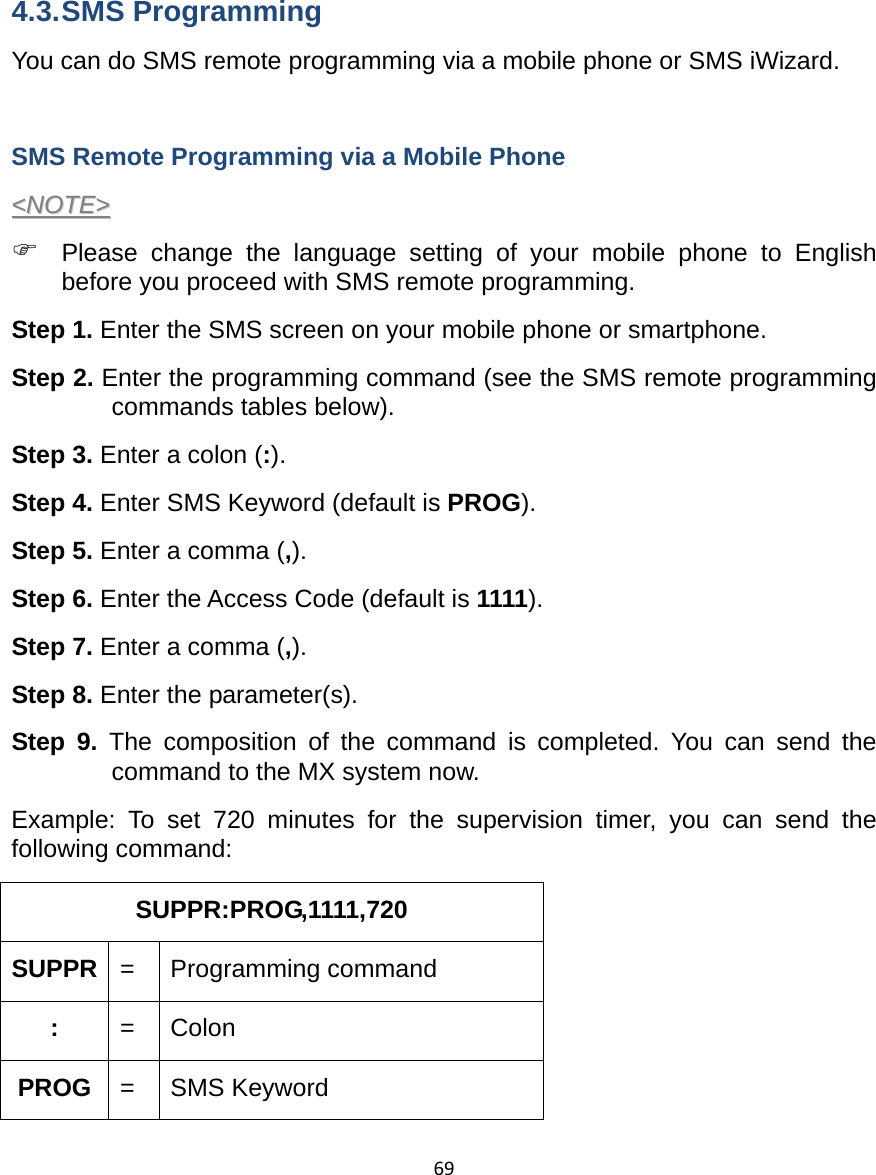 69      4.3. SMS  Programming You can do SMS remote programming via a mobile phone or SMS iWizard.    SMS Remote Programming via a Mobile Phone &lt;&lt;NNOOTTEE&gt;&gt;  ) Please change the language setting of your mobile phone to English before you proceed with SMS remote programming.   Step 1. Enter the SMS screen on your mobile phone or smartphone. Step 2. Enter the programming command (see the SMS remote programming commands tables below). Step 3. Enter a colon (:). Step 4. Enter SMS Keyword (default is PROG). Step 5. Enter a comma (,). Step 6. Enter the Access Code (default is 1111). Step 7. Enter a comma (,). Step 8. Enter the parameter(s).   Step 9. The composition of the command is completed. You can send the command to the MX system now.   Example: To set 720 minutes for the supervision timer, you can send the following command: SUPPR:PROG,1111,720          SUPPR  =   Programming command :  = Colon PROG  = SMS Keyword 