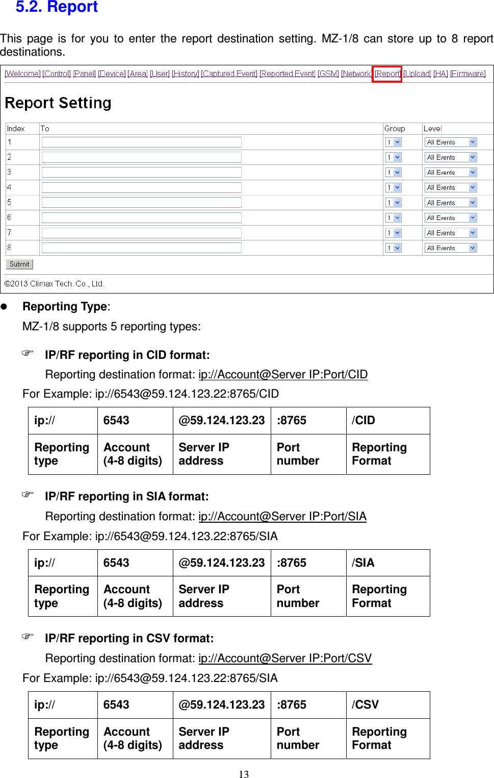  13 5.2. Report   This  page  is  for  you  to  enter  the  report  destination  setting.  MZ-1/8  can  store  up  to  8  report destinations.     Reporting Type:   MZ-1/8 supports 5 reporting types:  IP/RF reporting in CID format:   Reporting destination format: ip://Account@Server IP:Port/CID For Example: ip://6543@59.124.123.22:8765/CID ip://  6543  @59.124.123.23 :8765  /CID Reporting type Account (4-8 digits)  Server IP address   Port number Reporting Format  IP/RF reporting in SIA format:   Reporting destination format: ip://Account@Server IP:Port/SIA For Example: ip://6543@59.124.123.22:8765/SIA ip://  6543  @59.124.123.23 :8765  /SIA Reporting type Account (4-8 digits)  Server IP address   Port number Reporting Format  IP/RF reporting in CSV format:   Reporting destination format: ip://Account@Server IP:Port/CSV For Example: ip://6543@59.124.123.22:8765/SIA ip://  6543  @59.124.123.23 :8765  /CSV Reporting type Account (4-8 digits)  Server IP address   Port number Reporting Format 