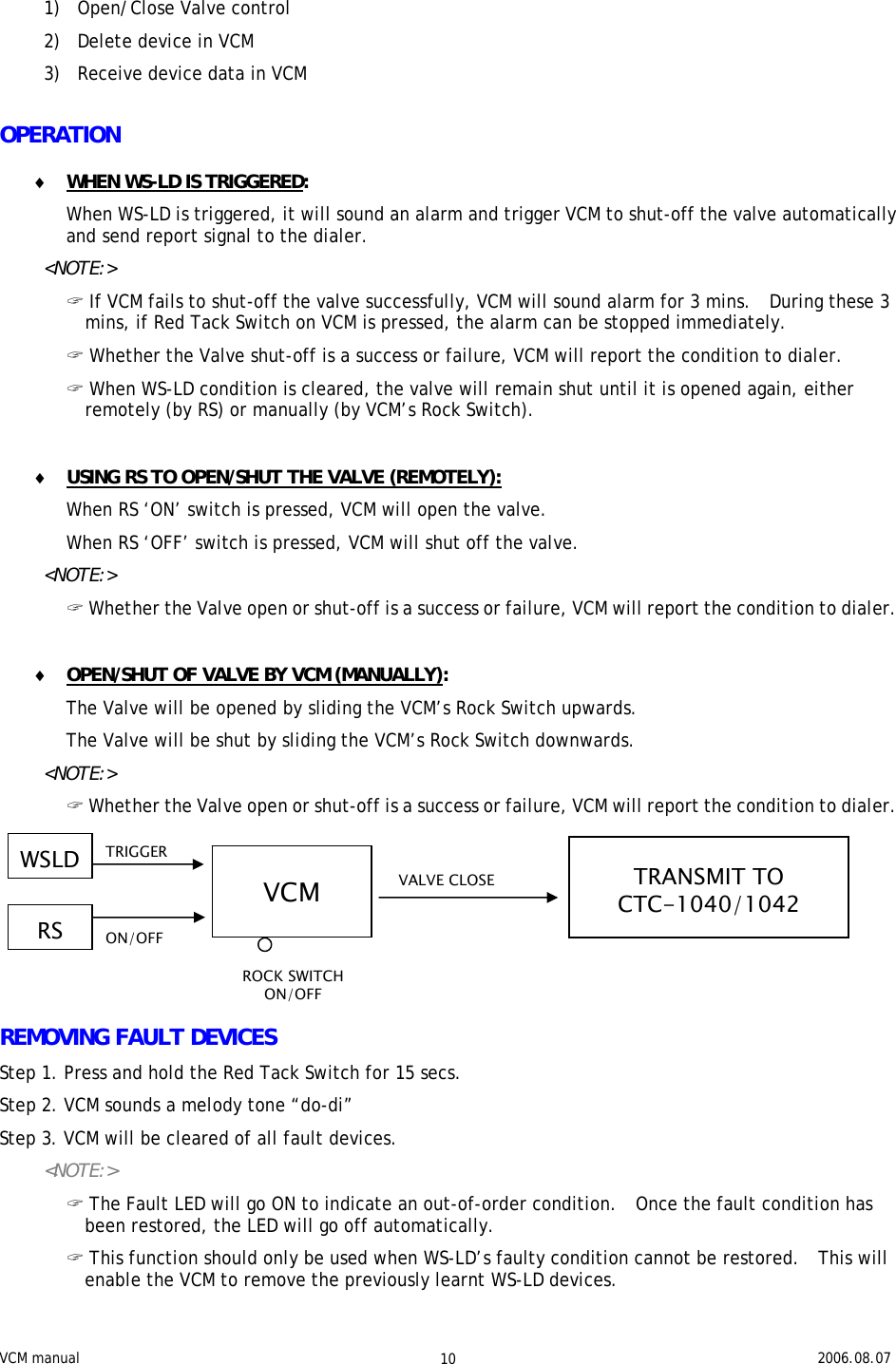 VCM manual                                                                                                   2006.08.07 10 TRIGGER ON/OFF ROCK SWITCH ON/OFF VALVE CLOSE 1) Open/Close Valve control 2) Delete device in VCM 3) Receive device data in VCM  OPERATION  ♦ WHEN WS-LD IS TRIGGERED:   When WS-LD is triggered, it will sound an alarm and trigger VCM to shut-off the valve automatically and send report signal to the dialer.   &lt;NOTE:&gt; &quot; If VCM fails to shut-off the valve successfully, VCM will sound alarm for 3 mins.  During these 3 mins, if Red Tack Switch on VCM is pressed, the alarm can be stopped immediately.  &quot; Whether the Valve shut-off is a success or failure, VCM will report the condition to dialer.  &quot; When WS-LD condition is cleared, the valve will remain shut until it is opened again, either remotely (by RS) or manually (by VCM’s Rock Switch).  ♦ USING RS TO OPEN/SHUT THE VALVE (REMOTELY): When RS ‘ON’ switch is pressed, VCM will open the valve. When RS ‘OFF’ switch is pressed, VCM will shut off the valve.    &lt;NOTE:&gt; &quot; Whether the Valve open or shut-off is a success or failure, VCM will report the condition to dialer.  ♦ OPEN/SHUT OF VALVE BY VCM (MANUALLY): The Valve will be opened by sliding the VCM’s Rock Switch upwards. The Valve will be shut by sliding the VCM’s Rock Switch downwards.  &lt;NOTE:&gt; &quot; Whether the Valve open or shut-off is a success or failure, VCM will report the condition to dialer.       REMOVING FAULT DEVICES Step 1. Press and hold the Red Tack Switch for 15 secs.  Step 2. VCM sounds a melody tone “do-di” Step 3. VCM will be cleared of all fault devices.  &lt;NOTE:&gt; &quot; The Fault LED will go ON to indicate an out-of-order condition.  Once the fault condition has been restored, the LED will go off automatically.  &quot; This function should only be used when WS-LD’s faulty condition cannot be restored.  This will enable the VCM to remove the previously learnt WS-LD devices.  WSLD RS VCM  TRANSMIT TO CTC-1040/1042 
