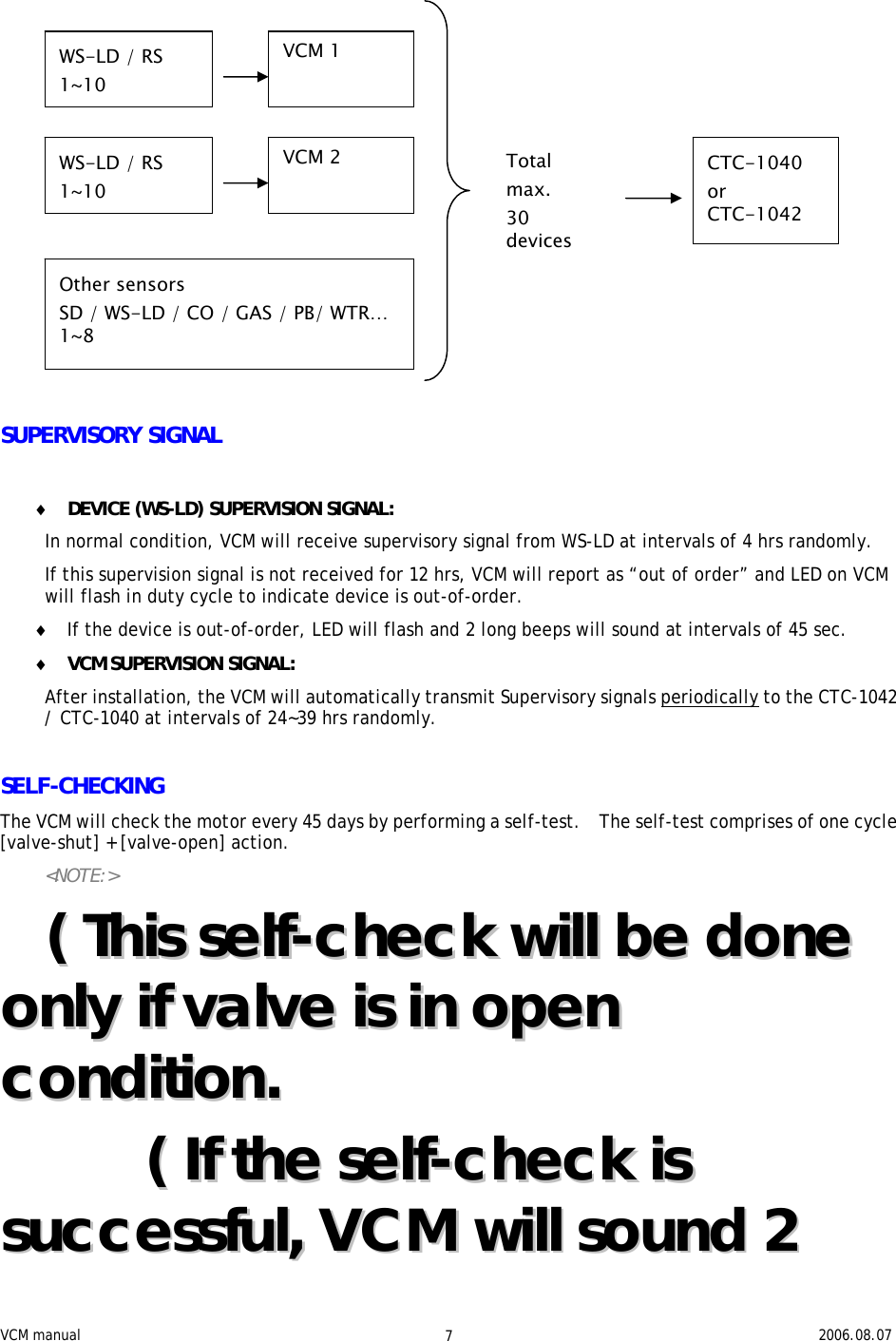 VCM manual                                                                                                   2006.08.07 7                    SUPERVISORY SIGNAL  ♦ DEVICE (WS-LD) SUPERVISION SIGNAL: In normal condition, VCM will receive supervisory signal from WS-LD at intervals of 4 hrs randomly.   If this supervision signal is not received for 12 hrs, VCM will report as “out of order” and LED on VCM will flash in duty cycle to indicate device is out-of-order. ♦ If the device is out-of-order, LED will flash and 2 long beeps will sound at intervals of 45 sec.   ♦ VCM SUPERVISION SIGNAL:   After installation, the VCM will automatically transmit Supervisory signals periodically to the CTC-1042 / CTC-1040 at intervals of 24~39 hrs randomly.  SELF-CHECKING The VCM will check the motor every 45 days by performing a self-test.    The self-test comprises of one cycle [valve-shut] + [valve-open] action.   &lt;NOTE:&gt;   ((  TThhiiss  sseellff--cchheecckk  wwiillll  bbee  ddoonnee  oonnllyy  iiff  vvaallvvee  iiss  iinn  ooppeenn  ccoonnddiittiioonn..              ((  IIff  tthhee  sseellff--cchheecckk  iiss  ssuucccceessssffuull,,  VVCCMM  wwiillll  ssoouunndd  22  WS-LD / RS 1~10 VCM 2VCM 1WS-LD / RS 1~10 CTC-1040  or  CTC-1042 Other sensors   SD / WS-LD / CO / GAS / PB/ WTR… 1~8  Total  max. 30  devices 