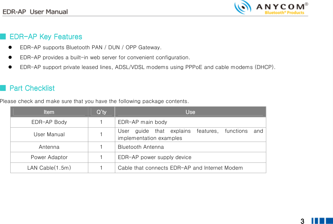  3333        ■■■■     EDREDREDREDR----AP Key FeaturesAP Key FeaturesAP Key FeaturesAP Key Features     EDR-AP supports Bluetooth PAN / DUN / OPP Gateway.  EDR-AP provides a built-in web server for convenient configuration.  EDR-AP support private leased lines, ADSL/VDSL modems using PPPoE and cable modems (DHCP).  ■■■■     Part ChecklistPart ChecklistPart ChecklistPart Checklist Please check and make sure that you have the following package contents. IIIItemtemtemtem     QQQQ’’’’tytytyty     UseUseUseUse    EDR-AP Body  1    EDR-AP main body User Manual  1    User  guide  that  explains  features,  functions  and implementation examples Antenna  1    Bluetooth Antenna Power Adaptor  1    EDR-AP power supply device   LAN Cable(1.5m)  1    Cable that connects EDR-AP and Internet Modem     