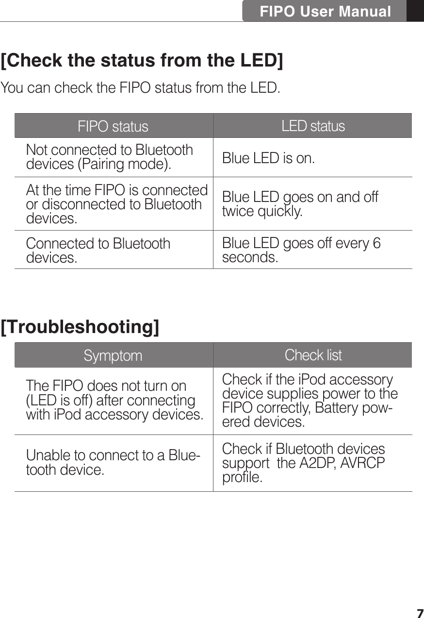 FIPO User Manual7[Check the status from the LED]You can check the FIPO status from the LED.[Troubleshooting]Not connected to Bluetooth devices (Pairing mode).Connected to Bluetooth devices.At the time FIPO is connected or disconnected to Bluetooth devices. Blue LED is on.Blue LED goes on and off twice quickly.Blue LED goes off every 6 seconds.FIPO status LED statusThe FIPO does not turn on (LED is off) after connecting with iPod accessory devices.Unable to connect to a Blue-tooth device.Check if Bluetooth devices support  the A2DP, AVRCP profile.Check if the iPod accessory device supplies power to the FIPO correctly, Battery pow-ered devices.Symptom Check list