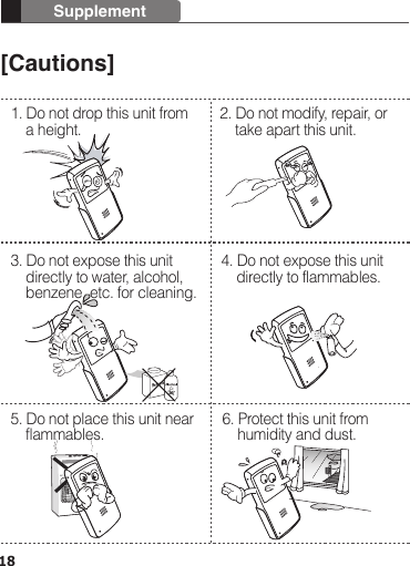 [Cautions]1. Do not drop this unit from     a height.3. Do not expose this unit     directly to water, alcohol,     benzene, etc. for cleaning.5. Do not place this unit near       flammables.6. Protect this unit from     humidity and dust.4. Do not expose this unit     directly to flammables.2. Do not modify, repair, or     take apart this unit.18Supplement