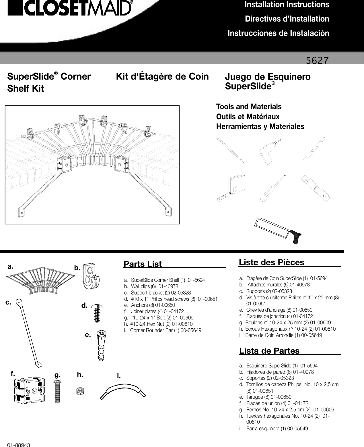 Closet Maid Super Corner Shelf Kit 5627 Users Manual