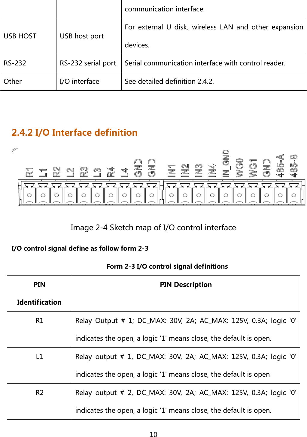  10  communication interface. USB HOST  USB host port For  external  U  disk,  wireless  LAN  and  other  expansion devices. RS-232  RS-232 serial port  Serial communication interface with control reader. Other  I/O interface  See detailed definition 2.4.2.  2.4.2 I/O Interface definition  Image 2-4 Sketch map of I/O control interface I/O control signal define as follow form 2-3                                 Form 2-3 I/O control signal definitions PIN Identification PIN Description R1  Relay  Output  #  1;  DC_MAX:  30V,  2A;  AC_MAX:  125V,  0.3A;  logic &apos;0&apos; indicates the open, a logic &apos;1&apos; means close, the default is open. L1  Relay  output  #  1,  DC_MAX:  30V,  2A;  AC_MAX:  125V,  0.3A;  logic &apos;0&apos; indicates the open, a logic &apos;1&apos; means close, the default is open R2  Relay  output  #  2,  DC_MAX:  30V,  2A;  AC_MAX:  125V,  0.3A;  logic &apos;0&apos; indicates the open, a logic &apos;1&apos; means close, the default is open. 