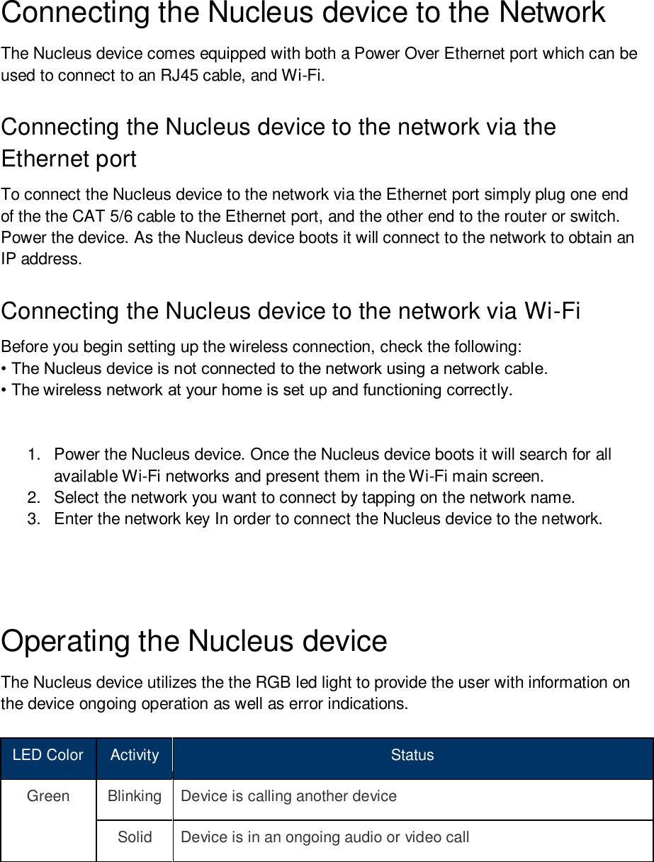 Connecting the Nucleus device to the Network The Nucleus device comes equipped with both a Power Over Ethernet port which can be used to connect to an RJ45 cable, and Wi-Fi.  Connecting the Nucleus device to the network via the Ethernet port To connect the Nucleus device to the network via the Ethernet port simply plug one end of the the CAT 5/6 cable to the Ethernet port, and the other end to the router or switch. Power the device. As the Nucleus device boots it will connect to the network to obtain an IP address.  Connecting the Nucleus device to the network via Wi-Fi Before you begin setting up the wireless connection, check the following: • The Nucleus device is not connected to the network using a network cable.• The wireless network at your home is set up and functioning correctly.1. Power the Nucleus device. Once the Nucleus device boots it will search for allavailable Wi-Fi networks and present them in the Wi-Fi main screen.2. Select the network you want to connect by tapping on the network name.3. Enter the network key In order to connect the Nucleus device to the network.Operating the Nucleus device  The Nucleus device utilizes the the RGB led light to provide the user with information on the device ongoing operation as well as error indications. LED Color Activity Status Green Blinking Device is calling another device Solid Device is in an ongoing audio or video call 