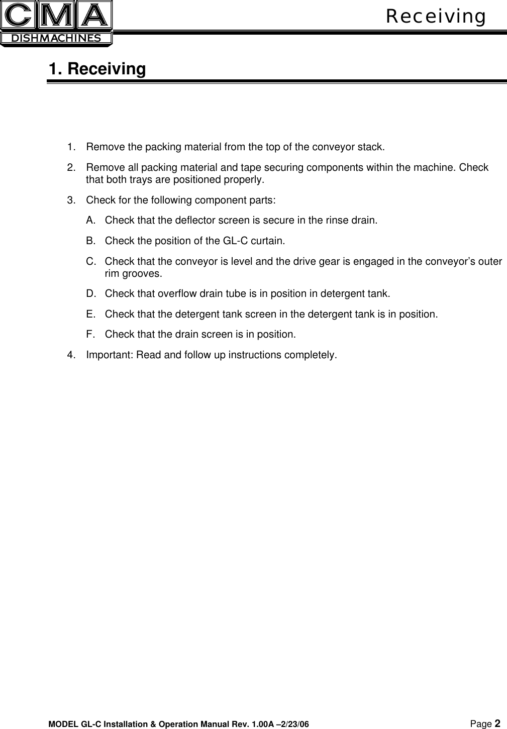 Page 3 of 11 - Cma-Dishmachines Cma-Dishmachines--Gl-C-Users-Manual- 180UC Svc & Parts Manual Rev 1.03 050201  Cma-dishmachines--gl-c-users-manual