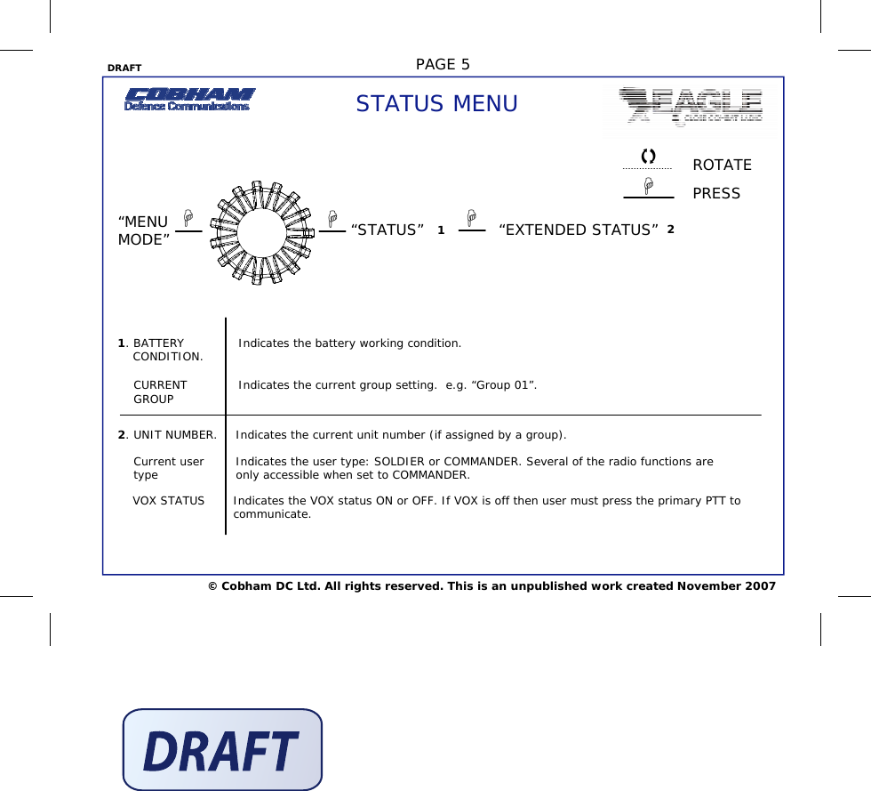 DRAFT  PAGE 5 © Cobham DC Ltd. All rights reserved. This is an unpublished work created November 2007  STATUS MENU 2. UNIT NUMBER. 1. BATTERY CONDITION.   Indicates the battery working condition. Indicates the current unit number (if assigned by a group). 1  2 “STATUS” CURRENT GROUP  Indicates the current group setting.  e.g. “Group 01”. Current user type  Indicates the user type: SOLDIER or COMMANDER. Several of the radio functions are only accessible when set to COMMANDER. VOX STATUS  Indicates the VOX status ON or OFF. If VOX is off then user must press the primary PTT to communicate. “EXTENDED STATUS” “MENU MODE”    ROTATE PRESS    