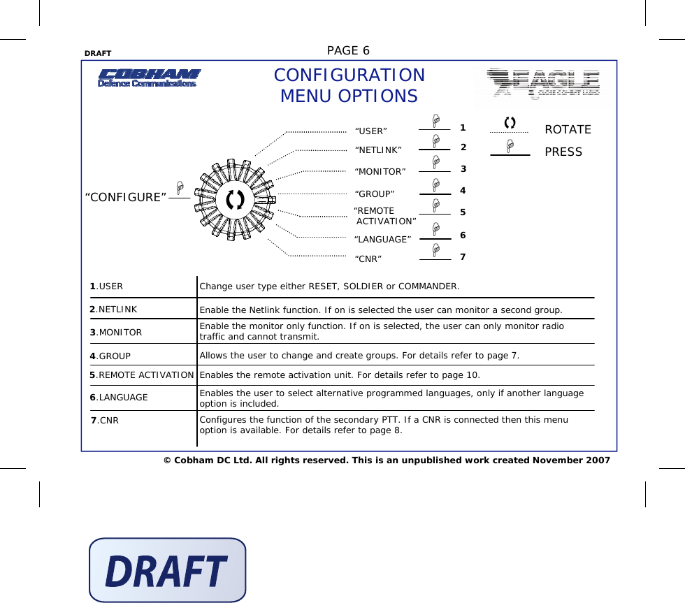 DRAFT  PAGE 6 © Cobham DC Ltd. All rights reserved. This is an unpublished work created November 2007  CONFIGURATION MENU OPTIONS 2.NETLINK 4.GROUP 5.REMOTE ACTIVATION 3.MONITOR 1.USER  Change user type either RESET, SOLDIER or COMMANDER. 7.CNR 6.LANGUAGE Enable the Netlink function. If on is selected the user can monitor a second group. Enable the monitor only function. If on is selected, the user can only monitor radio traffic and cannot transmit. Allows the user to change and create groups. For details refer to page 7.  Enables the remote activation unit. For details refer to page 10. Enables the user to select alternative programmed languages, only if another language option is included. Configures the function of the secondary PTT. If a CNR is connected then this menu option is available. For details refer to page 8. 1 2 3 4 5 “CONFIGURE”  6 7  “USER” “NETLINK” “MONITOR” “GROUP” “REMOTE  ACTIVATION” “LANGUAGE” “CNR”        ROTATE PRESS    