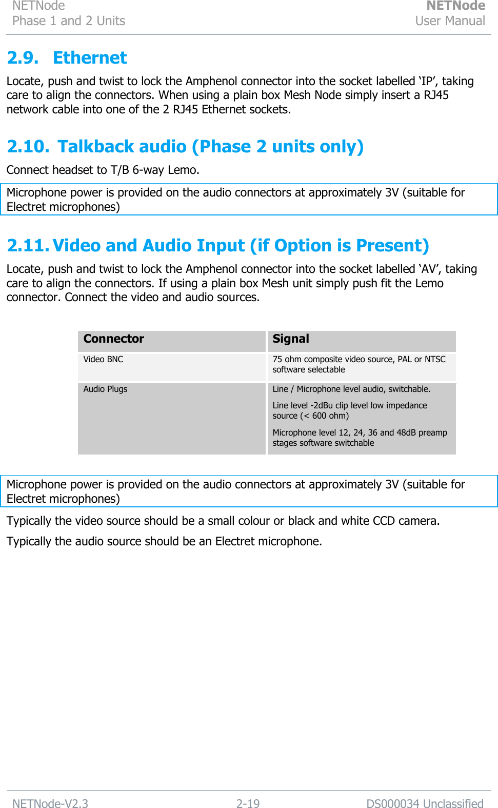 NETNode Phase 1 and 2 Units  NETNode User Manual  NETNode-V2.3 2-19 DS000034 Unclassified  2.9. Ethernet Locate, push and twist to lock the Amphenol connector into the socket labelled „IP‟, taking care to align the connectors. When using a plain box Mesh Node simply insert a RJ45 network cable into one of the 2 RJ45 Ethernet sockets. 2.10.  Talkback audio (Phase 2 units only)  Connect headset to T/B 6-way Lemo. Microphone power is provided on the audio connectors at approximately 3V (suitable for Electret microphones) 2.11. Video and Audio Input (if Option is Present) Locate, push and twist to lock the Amphenol connector into the socket labelled „AV‟, taking care to align the connectors. If using a plain box Mesh unit simply push fit the Lemo connector. Connect the video and audio sources.  Connector Signal Video BNC 75 ohm composite video source, PAL or NTSC software selectable Audio Plugs Line / Microphone level audio, switchable. Line level -2dBu clip level low impedance source (&lt; 600 ohm) Microphone level 12, 24, 36 and 48dB preamp stages software switchable  Microphone power is provided on the audio connectors at approximately 3V (suitable for Electret microphones) Typically the video source should be a small colour or black and white CCD camera. Typically the audio source should be an Electret microphone.  