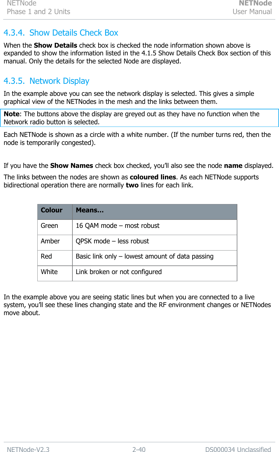 NETNode Phase 1 and 2 Units  NETNode User Manual  NETNode-V2.3 2-40 DS000034 Unclassified  4.3.4. Show Details Check Box When the Show Details check box is checked the node information shown above is expanded to show the information listed in the 4.1.5 Show Details Check Box section of this manual. Only the details for the selected Node are displayed. 4.3.5. Network Display In the example above you can see the network display is selected. This gives a simple graphical view of the NETNodes in the mesh and the links between them. Note: The buttons above the display are greyed out as they have no function when the Network radio button is selected. Each NETNode is shown as a circle with a white number. (If the number turns red, then the node is temporarily congested).  If you have the Show Names check box checked, you‟ll also see the node name displayed. The links between the nodes are shown as coloured lines. As each NETNode supports bidirectional operation there are normally two lines for each link.  Colour Means… Green 16 QAM mode – most robust Amber QPSK mode – less robust Red Basic link only – lowest amount of data passing White Link broken or not configured  In the example above you are seeing static lines but when you are connected to a live system, you‟ll see these lines changing state and the RF environment changes or NETNodes move about. 