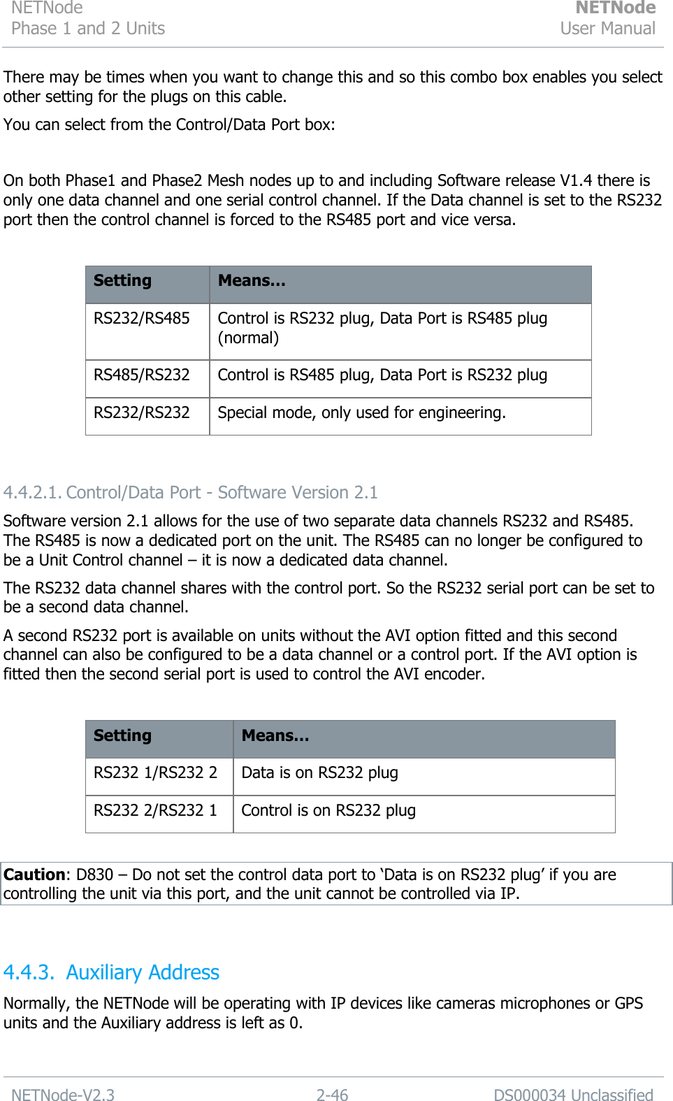 NETNode Phase 1 and 2 Units  NETNode User Manual  NETNode-V2.3 2-46 DS000034 Unclassified  There may be times when you want to change this and so this combo box enables you select other setting for the plugs on this cable. You can select from the Control/Data Port box:  On both Phase1 and Phase2 Mesh nodes up to and including Software release V1.4 there is only one data channel and one serial control channel. If the Data channel is set to the RS232 port then the control channel is forced to the RS485 port and vice versa.  Setting Means… RS232/RS485 Control is RS232 plug, Data Port is RS485 plug (normal) RS485/RS232 Control is RS485 plug, Data Port is RS232 plug RS232/RS232 Special mode, only used for engineering.  4.4.2.1. Control/Data Port - Software Version 2.1 Software version 2.1 allows for the use of two separate data channels RS232 and RS485. The RS485 is now a dedicated port on the unit. The RS485 can no longer be configured to be a Unit Control channel – it is now a dedicated data channel.  The RS232 data channel shares with the control port. So the RS232 serial port can be set to be a second data channel.  A second RS232 port is available on units without the AVI option fitted and this second channel can also be configured to be a data channel or a control port. If the AVI option is fitted then the second serial port is used to control the AVI encoder.  Setting Means… RS232 1/RS232 2 Data is on RS232 plug RS232 2/RS232 1 Control is on RS232 plug  Caution: D830 – Do not set the control data port to „Data is on RS232 plug‟ if you are controlling the unit via this port, and the unit cannot be controlled via IP.  4.4.3. Auxiliary Address Normally, the NETNode will be operating with IP devices like cameras microphones or GPS units and the Auxiliary address is left as 0. 