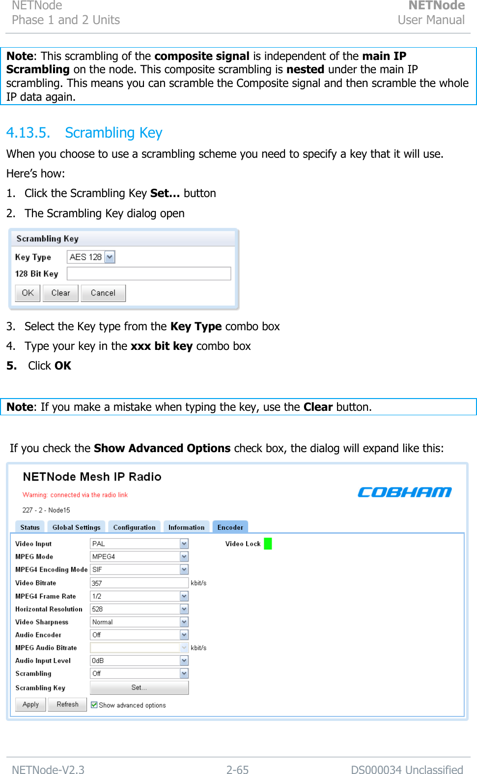 NETNode Phase 1 and 2 Units  NETNode User Manual  NETNode-V2.3 2-65 DS000034 Unclassified  Note: This scrambling of the composite signal is independent of the main IP Scrambling on the node. This composite scrambling is nested under the main IP scrambling. This means you can scramble the Composite signal and then scramble the whole IP data again. 4.13.5. Scrambling Key When you choose to use a scrambling scheme you need to specify a key that it will use. Here‟s how: 1. Click the Scrambling Key Set… button 2. The Scrambling Key dialog open  3. Select the Key type from the Key Type combo box 4. Type your key in the xxx bit key combo box 5.  Click OK  Note: If you make a mistake when typing the key, use the Clear button.   If you check the Show Advanced Options check box, the dialog will expand like this:  