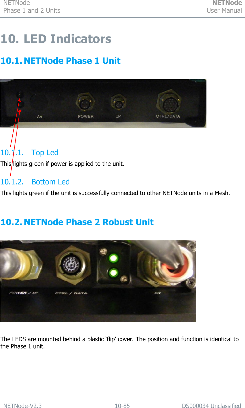 NETNode Phase 1 and 2 Units  NETNode User Manual  NETNode-V2.3 10-85 DS000034 Unclassified  10. LED Indicators 10.1. NETNode Phase 1 Unit    10.1.1. Top Led This lights green if power is applied to the unit. 10.1.2. Bottom Led This lights green if the unit is successfully connected to other NETNode units in a Mesh.  10.2. NETNode Phase 2 Robust Unit    The LEDS are mounted behind a plastic „flip‟ cover. The position and function is identical to the Phase 1 unit.