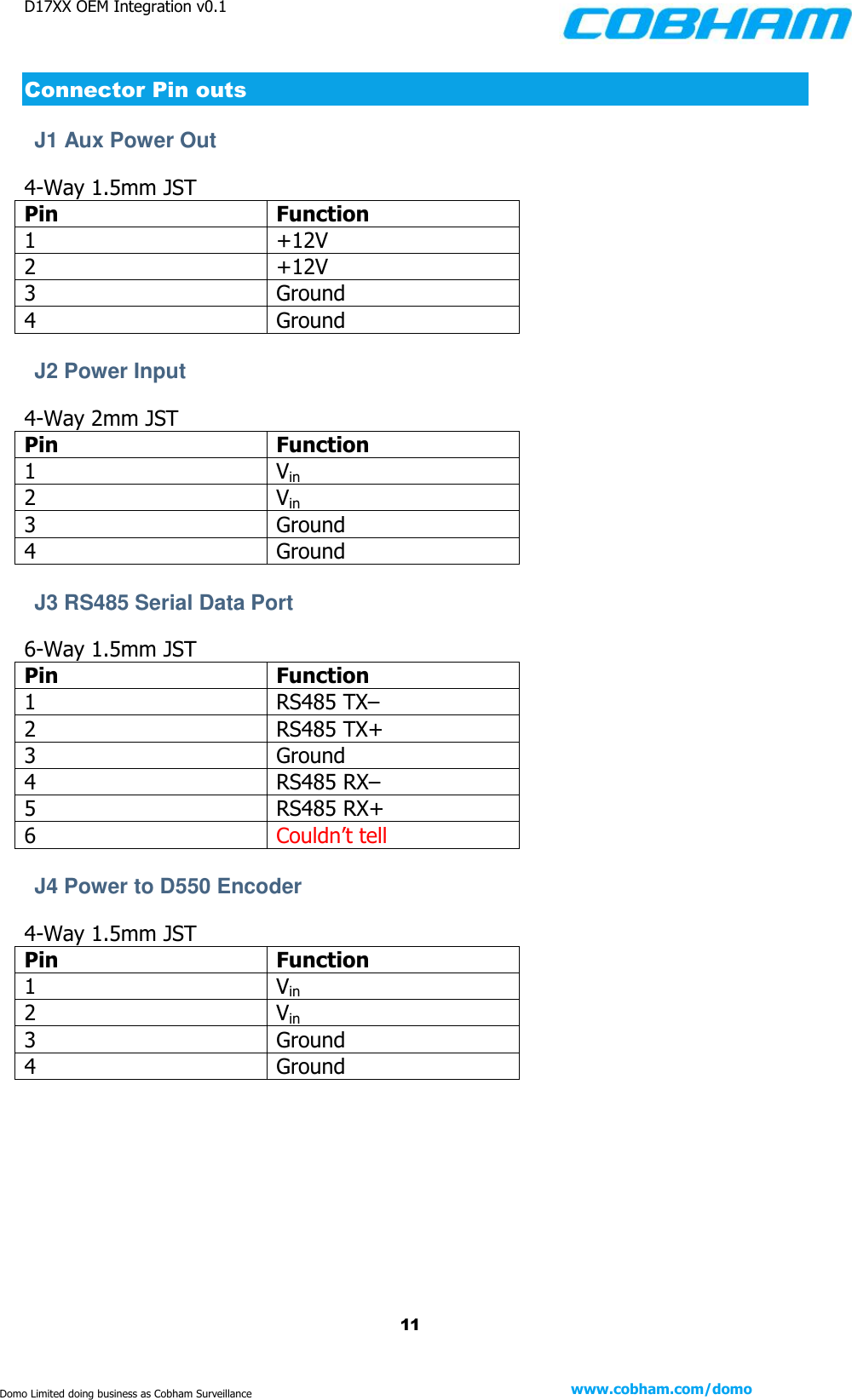 D17XX OEM Integration v0.1    11 www.cobham.com/domo  Domo Limited doing business as Cobham Surveillance Connector Pin outs J1 Aux Power Out   4-Way 1.5mm JST Pin Function 1 +12V 2 +12V 3 Ground 4 Ground  J2 Power Input 4-Way 2mm JST Pin Function 1 Vin 2 Vin 3 Ground 4 Ground  J3 RS485 Serial Data Port 6-Way 1.5mm JST Pin Function 1 RS485 TX– 2 RS485 TX+ 3 Ground 4 RS485 RX– 5 RS485 RX+ 6 Couldn’t tell  J4 Power to D550 Encoder   4-Way 1.5mm JST Pin Function 1 Vin 2 Vin 3 Ground 4 Ground     