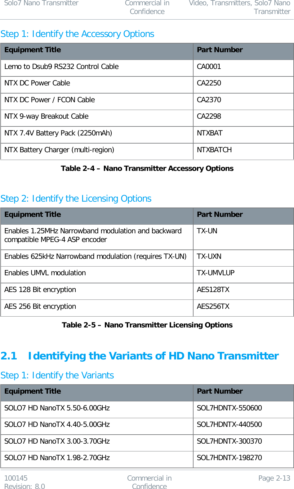 Solo7 Nano Transmitter  Commercial in Confidence Video, Transmitters, Solo7 Nano Transmitter  100145 Revision: 8.0 Commercial in Confidence Page 2-13  Step 1: Identify the Accessory Options Equipment Title Part Number Lemo to Dsub9 RS232 Control Cable  CA0001 NTX DC Power Cable CA2250 NTX DC Power / FCON Cable CA2370 NTX 9-way Breakout Cable CA2298 NTX 7.4V Battery Pack (2250mAh) NTXBAT NTX Battery Charger (multi-region) NTXBATCH Table 2-4 – Nano Transmitter Accessory Options  Step 2: Identify the Licensing Options Equipment Title Part Number Enables 1.25MHz Narrowband modulation and backward compatible MPEG-4 ASP encoder TX-UN Enables 625kHz Narrowband modulation (requires TX-UN) TX-UXN Enables UMVL modulation TX-UMVLUP AES 128 Bit encryption AES128TX AES 256 Bit encryption AES256TX Table 2-5 – Nano Transmitter Licensing Options  2.1 Identifying the Variants of HD Nano Transmitter Step 1: Identify the Variants Equipment Title Part Number SOLO7 HD NanoTX 5.50-6.00GHz SOL7HDNTX-550600 SOLO7 HD NanoTX 4.40-5.00GHz SOL7HDNTX-440500 SOLO7 HD NanoTX 3.00-3.70GHz SOL7HDNTX-300370 SOLO7 HD NanoTX 1.98-2.70GHz SOL7HDNTX-198270 