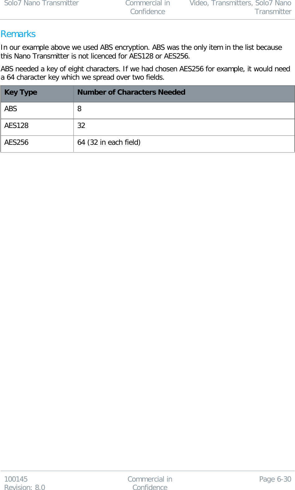 Solo7 Nano Transmitter  Commercial in Confidence Video, Transmitters, Solo7 Nano Transmitter  100145 Revision: 8.0 Commercial in Confidence Page 6-30  Remarks In our example above we used ABS encryption. ABS was the only item in the list because this Nano Transmitter is not licenced for AES128 or AES256. ABS needed a key of eight characters. If we had chosen AES256 for example, it would need a 64 character key which we spread over two fields. Key Type Number of Characters Needed ABS 8 AES128 32 AES256 64 (32 in each field)  