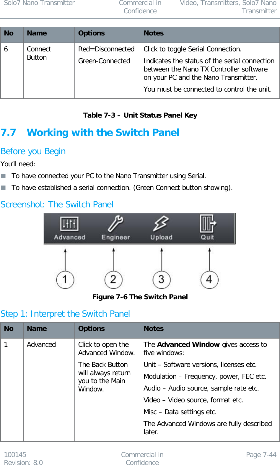 Solo7 Nano Transmitter  Commercial in Confidence Video, Transmitters, Solo7 Nano Transmitter  100145 Revision: 8.0 Commercial in Confidence Page 7-44  No Name Options Notes 6 Connect Button Red=Disconnected Green-Connected Click to toggle Serial Connection. Indicates the status of the serial connection between the Nano TX Controller software on your PC and the Nano Transmitter. You must be connected to control the unit.  Table 7-3 – Unit Status Panel Key 7.7 Working with the Switch Panel Before you Begin You’ll need:  To have connected your PC to the Nano Transmitter using Serial.  To have established a serial connection. (Green Connect button showing). Screenshot: The Switch Panel  Figure 7-6 The Switch Panel Step 1: Interpret the Switch Panel  No Name Options Notes 1 Advanced Click to open the Advanced Window. The Back Button will always return you to the Main Window. The Advanced Window gives access to five windows: Unit – Software versions, licenses etc. Modulation – Frequency, power, FEC etc. Audio – Audio source, sample rate etc. Video – Video source, format etc. Misc – Data settings etc. The Advanced Windows are fully described later. 