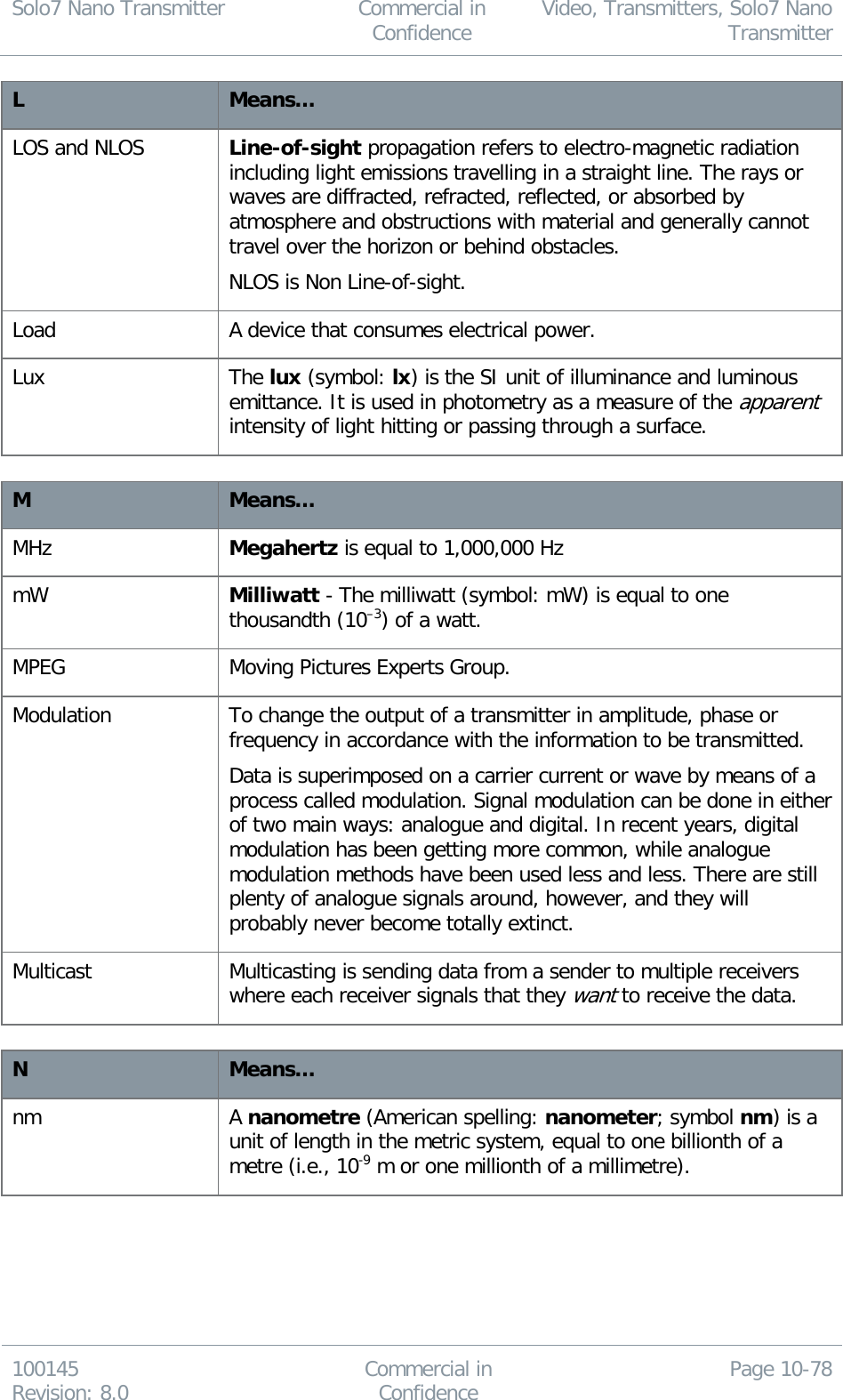 Solo7 Nano Transmitter  Commercial in Confidence Video, Transmitters, Solo7 Nano Transmitter  100145 Revision: 8.0 Commercial in Confidence Page 10-78  L Means… LOS and NLOS Line-of-sight propagation refers to electro-magnetic radiation including light emissions travelling in a straight line. The rays or waves are diffracted, refracted, reflected, or absorbed by atmosphere and obstructions with material and generally cannot travel over the horizon or behind obstacles. NLOS is Non Line-of-sight. Load A device that consumes electrical power. Lux The lux (symbol: lx) is the SI unit of illuminance and luminous emittance. It is used in photometry as a measure of the apparent intensity of light hitting or passing through a surface.  M Means… MHz Megahertz is equal to 1,000,000 Hz mW Milliwatt - The milliwatt (symbol: mW) is equal to one thousandth (10–3) of a watt. MPEG Moving Pictures Experts Group. Modulation To change the output of a transmitter in amplitude, phase or frequency in accordance with the information to be transmitted. Data is superimposed on a carrier current or wave by means of a process called modulation. Signal modulation can be done in either of two main ways: analogue and digital. In recent years, digital modulation has been getting more common, while analogue modulation methods have been used less and less. There are still plenty of analogue signals around, however, and they will probably never become totally extinct. Multicast Multicasting is sending data from a sender to multiple receivers where each receiver signals that they want to receive the data.  N Means… nm A nanometre (American spelling: nanometer; symbol nm) is a unit of length in the metric system, equal to one billionth of a metre (i.e., 10-9 m or one millionth of a millimetre). 