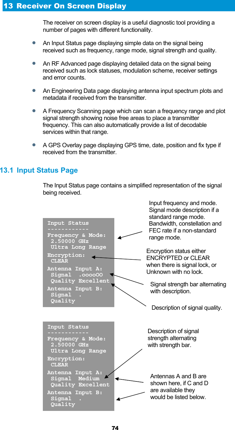  74 13 Receiver On Screen Display The receiver on screen display is a useful diagnostic tool providing a number of pages with different functionality.  An Input Status page displaying simple data on the signal being received such as frequency, range mode, signal strength and quality.  An RF Advanced page displaying detailed data on the signal being received such as lock statuses, modulation scheme, receiver settings and error counts.  An Engineering Data page displaying antenna input spectrum plots and metadata if received from the transmitter.  A Frequency Scanning page which can scan a frequency range and plot signal strength showing noise free areas to place a transmitter frequency. This can also automatically provide a list of decodable services within that range.  A GPS Overlay page displaying GPS time, date, position and fix type if received from the transmitter.  13.1  Input Status Page The Input Status page contains a simplified representation of the signal being received.       Input Status ------------ Frequency &amp; Mode:  2.50000 GHz  Ultra Long Range Encryption:  CLEAR Antenna Input A:  Signal  Medium  Quality Excellent Antenna Input B:  Signal  .  Quality Input Status ------------ Frequency &amp; Mode:  2.50000 GHz  Ultra Long Range Encryption:  CLEAR Antenna Input A:  Signal  .ooooOO  Quality Excellent Antenna Input B:  Signal  .  Quality Input frequency and mode. Signal mode description if a standard range mode. Bandwidth, constellation and FEC rate if a non-standard range mode.  Encryption status either ENCRYPTED or CLEAR when there is signal lock, or Unknown with no lock. Signal strength bar alternating with description. Description of signal quality. Description of signal strength alternating with strength bar. Antennas A and B are shown here, if C and D are available they would be listed below. 